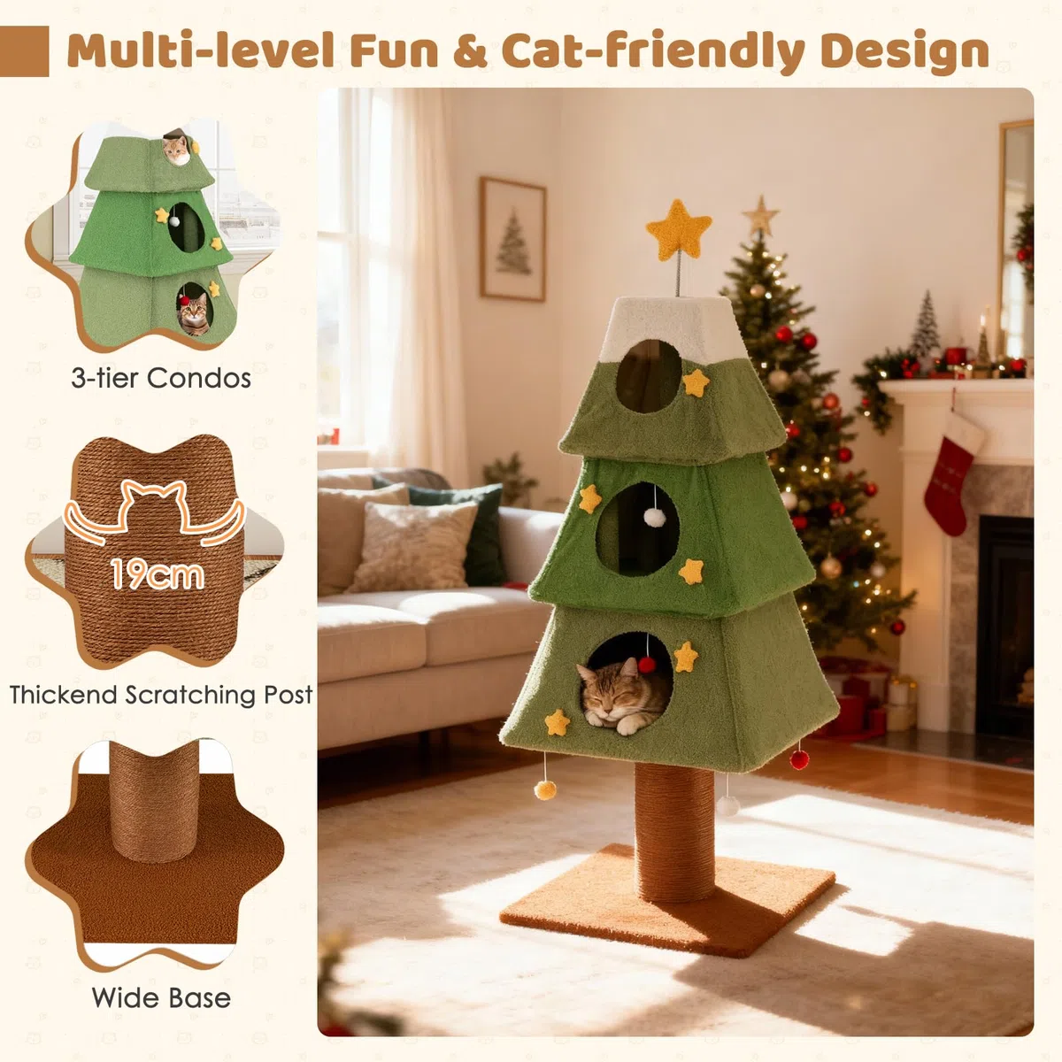 SOARS Árbol rascador de Navidad, 162 cm, con 3 cuevas, columna rascadora, tronco de 19 cm de grosor, bolas colgantes, árbol de Navidad, árbol de Navidad para gatos