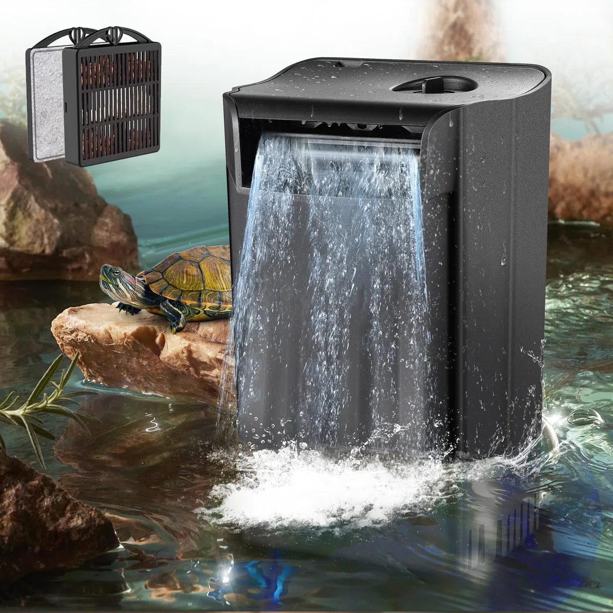 Filtro de Tanque de Tortuga Mejorado, filtros internos Ajustables para Acuario, Filtro silencioso de Cascada de Reptiles, biofiltración, bajo Nivel de Agua para Reptiles, camarones, Ranas