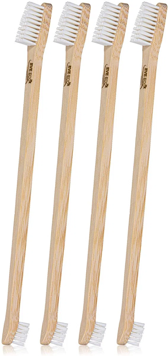 Paquete de 4 cepillos de dientes de bambú para perros y mascotas, 2 cabezales de cepillo grandes y pequeños con extra largo de 8.5 pulgadas, uso con pasta de dientes para eliminar caries, mal