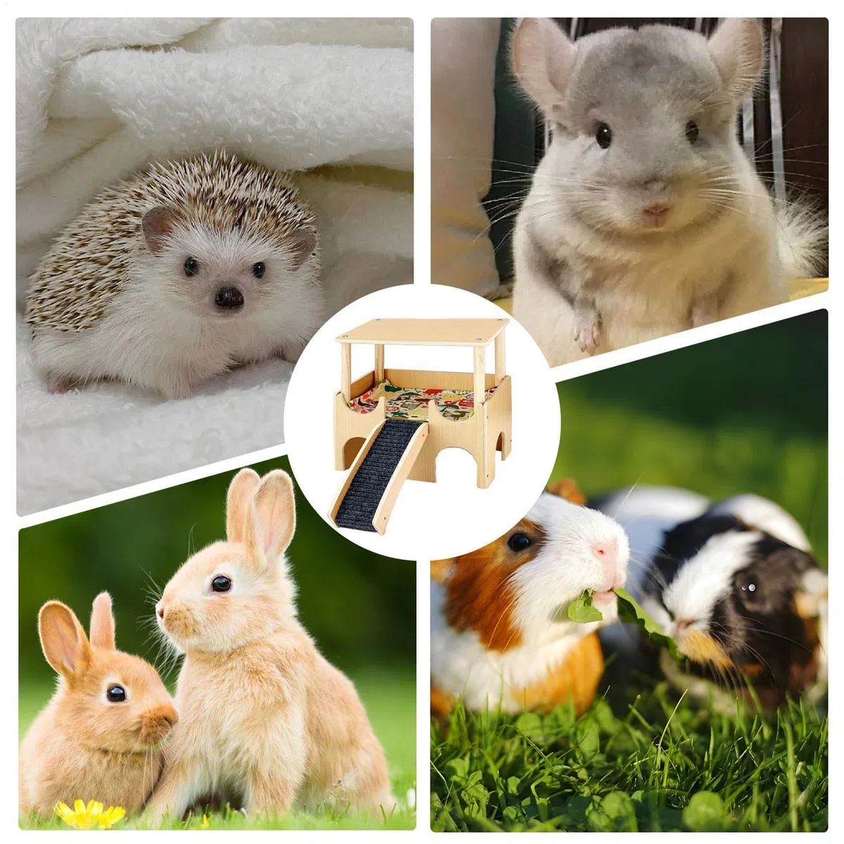 Chinchilla House, Bunny House Indoor – Casa de juegos de madera de doble – Alojamiento con pequeños juguetes de animales con escalera, jaula de chinchilla – Accesorios para conejos, hurones, | Accesorios de jaula de chinchilla, decoración del hábitat con