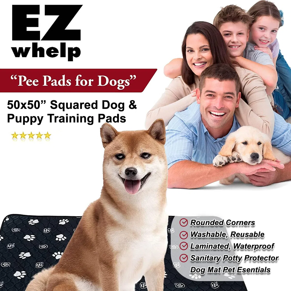 EZwhelp Almohadillas reutilizables para orina de perro, lavables e impermeables para entrenamiento de orinal de perros o almohadillas de parto, 50 x 50 pulgadas, paquete de 2