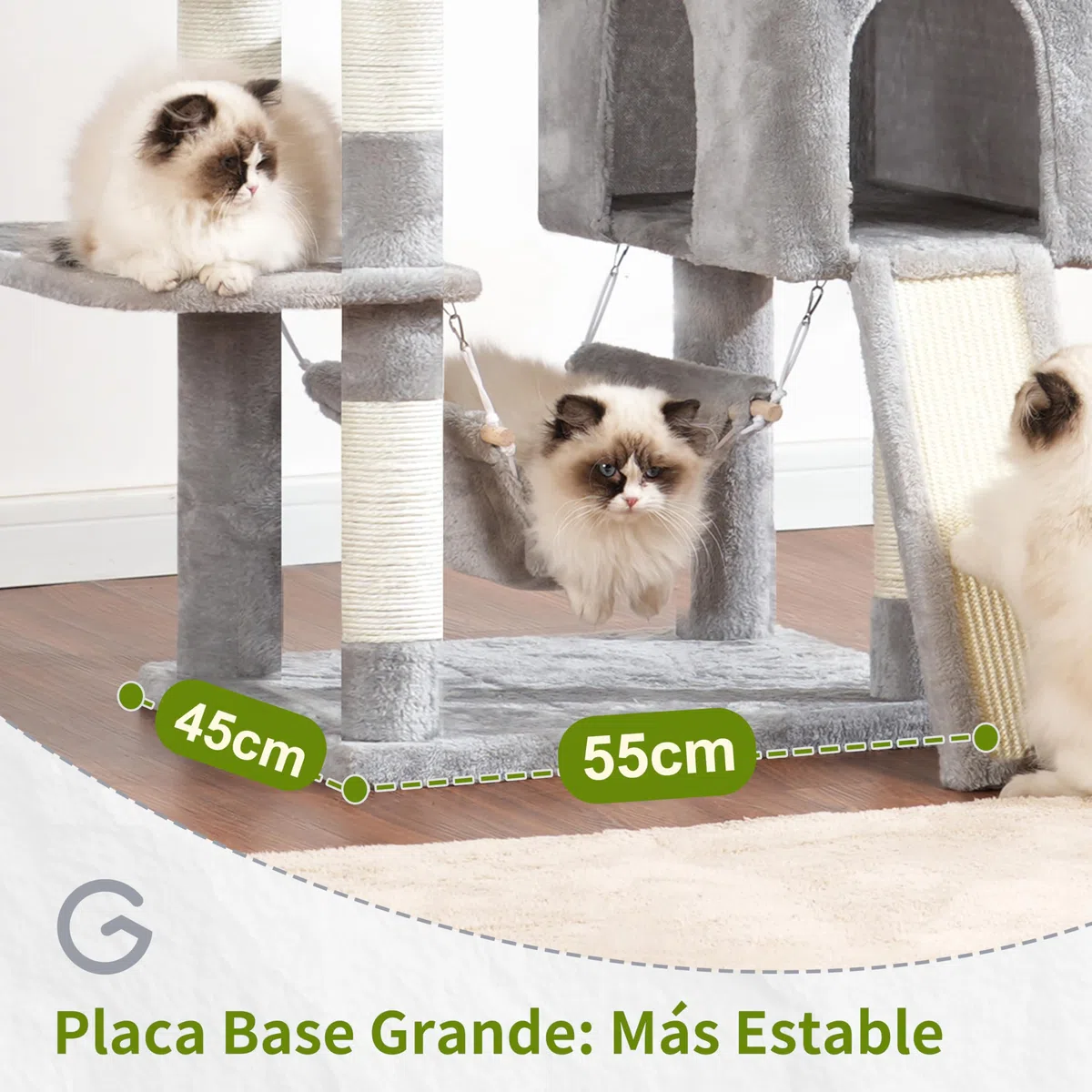 Gitelsnour rascador para Gatos de Interior, árbol para Gatos de 180 cm, con 2 rascadores, 7 Postes, Pompones, Hamaca, Gris Claro GCT032W