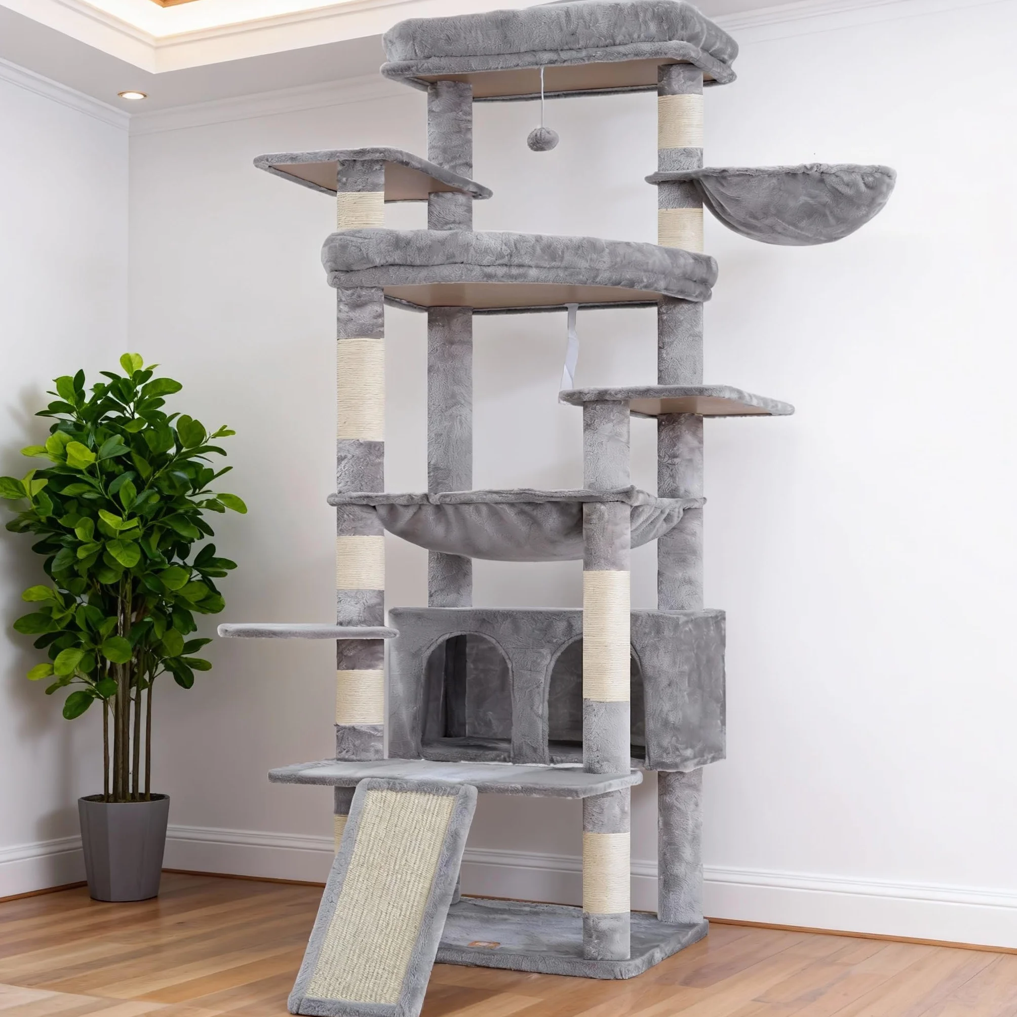 Heybly Rascador para Gatos, 191cm Arbol Rascador Grande con 2 Plataformas Descanso Extra Grandes, Superficie para Rascar, Cueva Grande Cesta Poste Sisal Adecuado Gatos Adultos, Gris Claro HCT038W