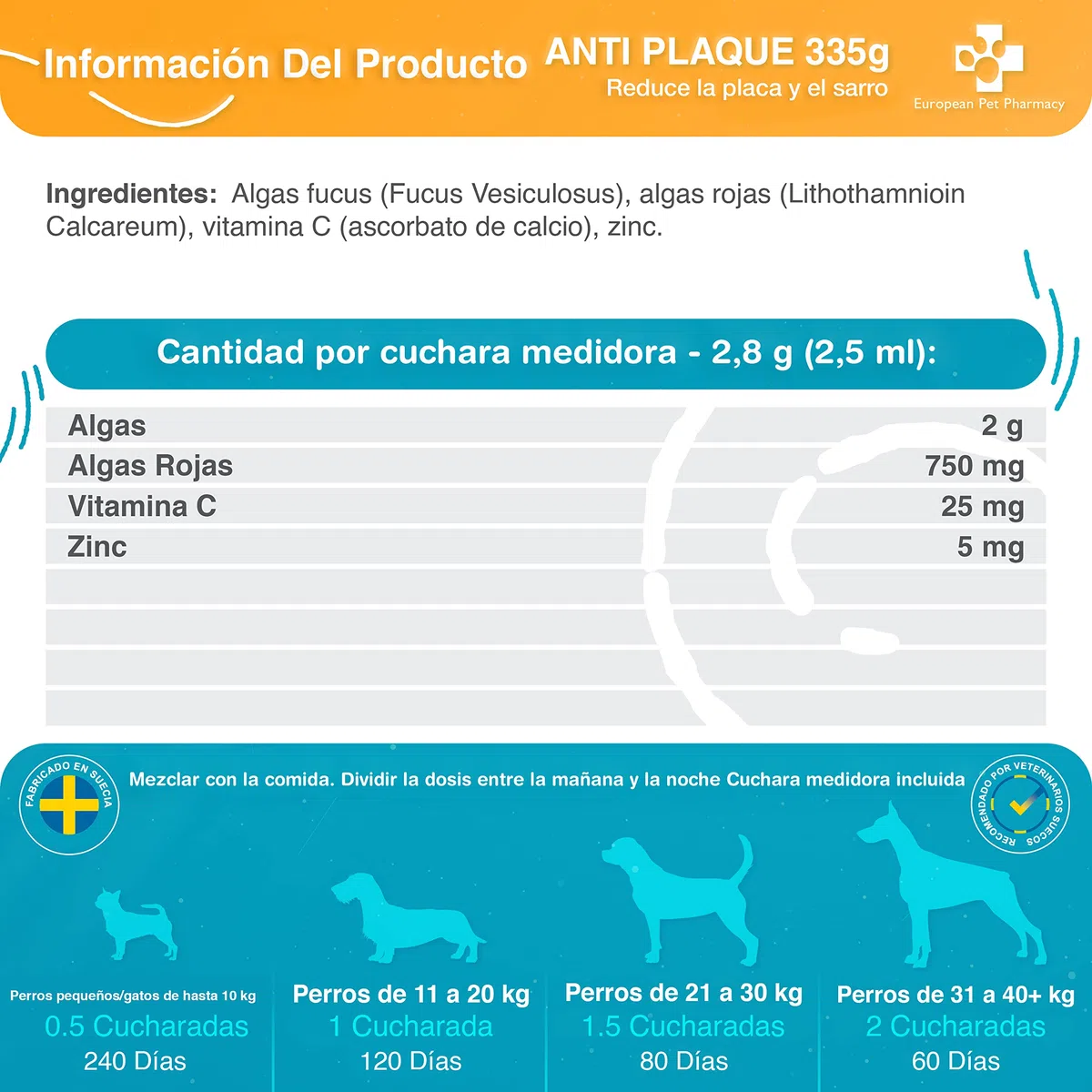 European Pet Pharmacy ANTI PLAQUE 335g – Limpiador Antisarro Perro para Eliminar Sarro Perros y Gatos – Higiene Bucal para Perros, Ayuda a Combatir Mal Aliento de Perros y Gatos – Puro y Natural