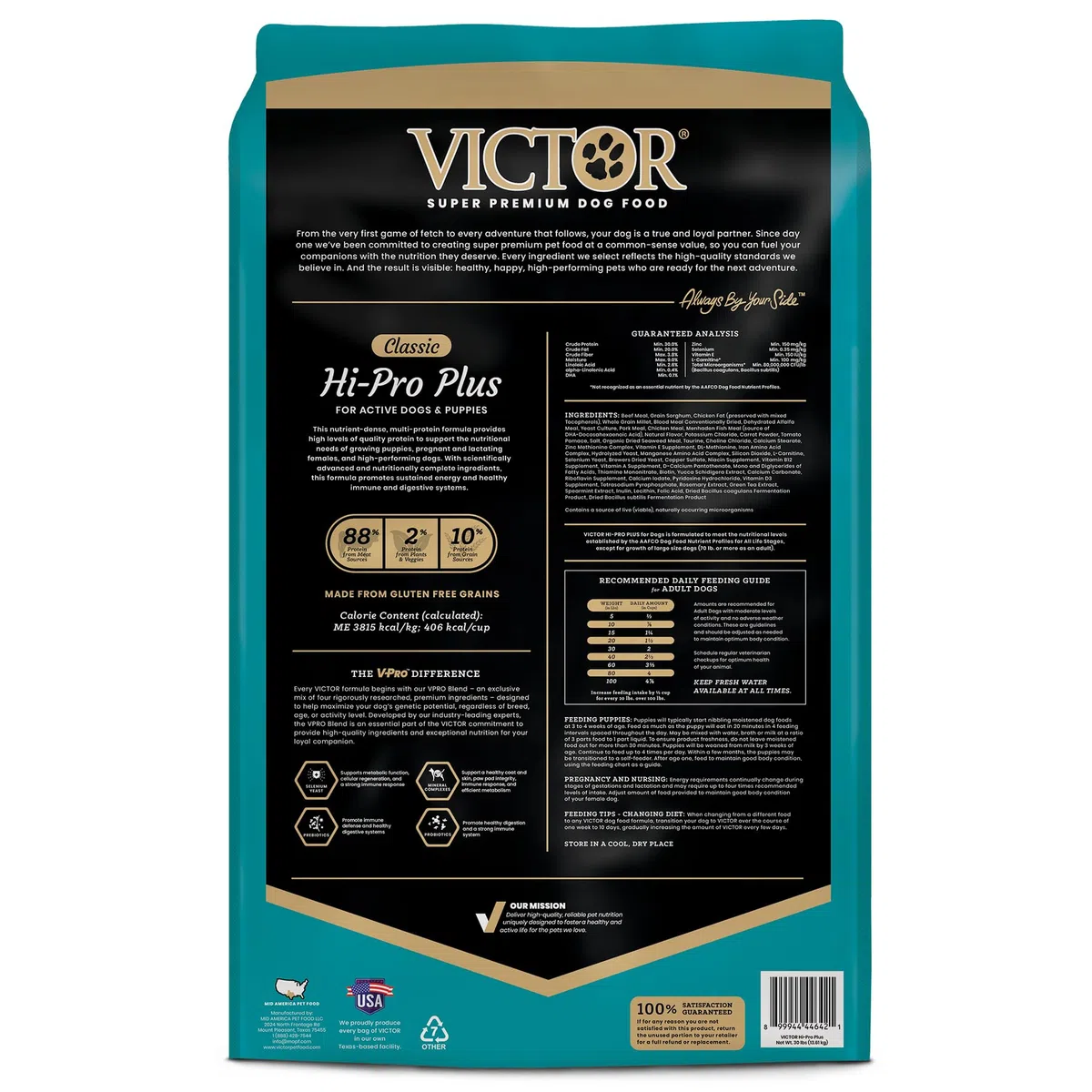 Victor Super Premium Dog Food – Hi-Pro Plus Dry Kibble – High Protein Dog Food con 30% de proteínas – Carne de Res, Pollo, Cerdo, Comida de Pescado, sin Gluten – para Perros y Cachorros Activos de