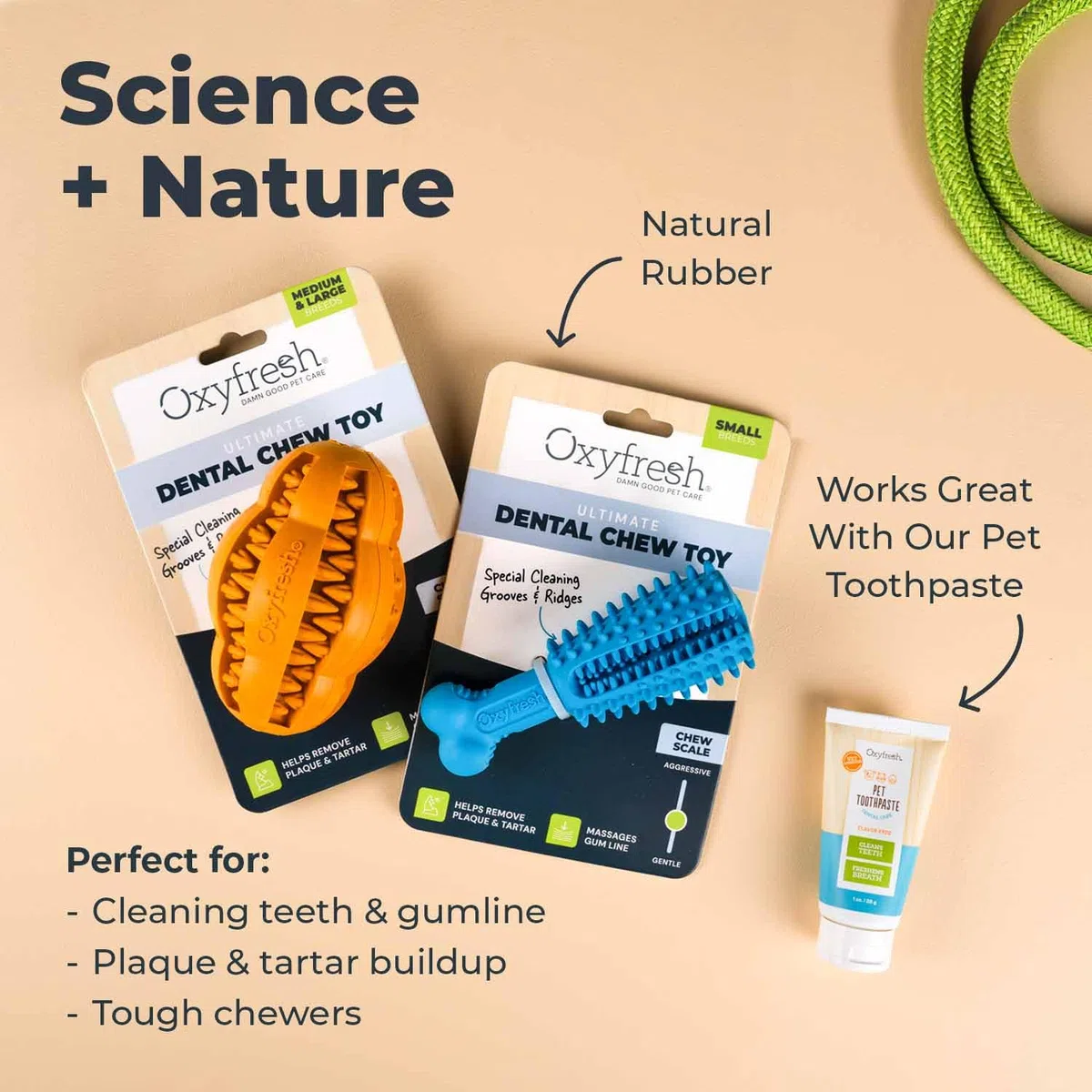 Oxyfresh Juguete dental para perros, el mejor juguete masticable de goma duradero para masticadores agresivos, elimina la placa, limpia los dientes y refresca el aliento sin cepillarse (grande)