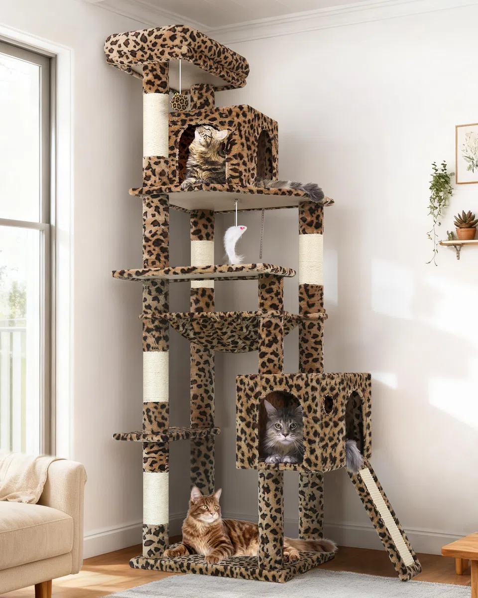 Globlazer Árbol Rascador Leopardo Esquina para Gatos Alto 178 cm con Hamaca, 2 Nidos, Plataformas, Tabla Rascar Sisal, Peluche Juguetes, Estable Torre para Grande Gatos Adulto (F70 Pro, Leopardo)