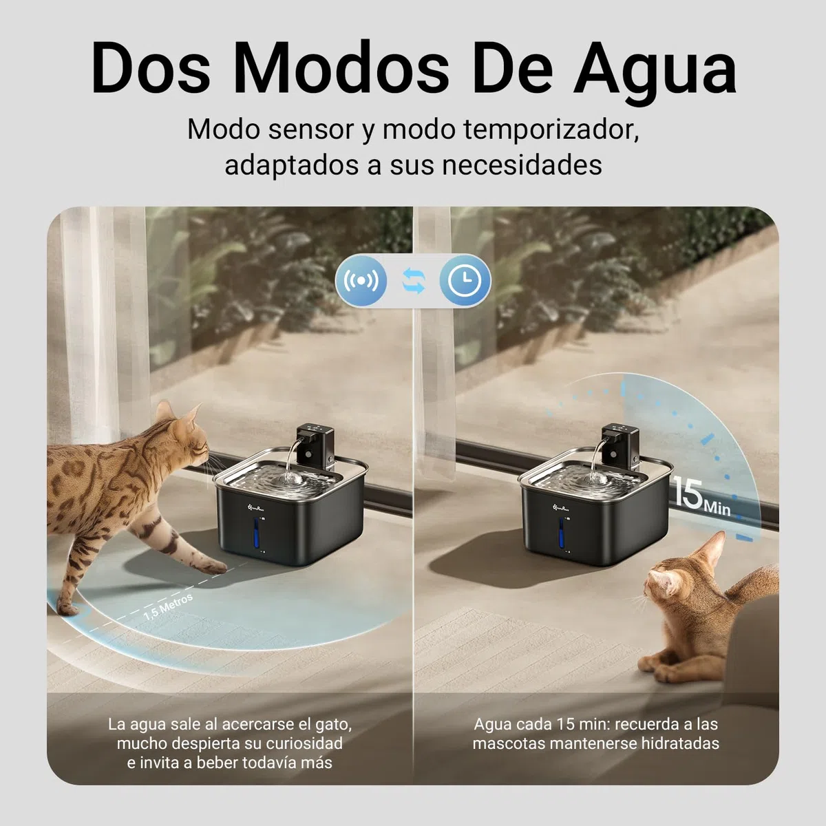 DownyPaws Fuente para Gatos sin Cable Inoxidable 3L, Bomba Silenciosa Negro | Bebedero Gatos con Sensor de Movimiento, Fuente Agua Gatos Inalámbrica, Batería de 4000 mAh, Apta para Lavavajillas