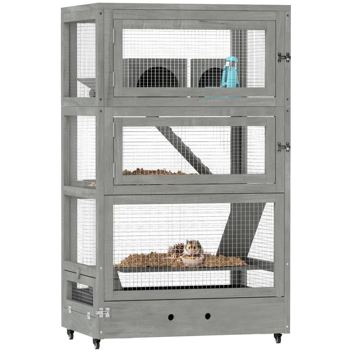 PawHut Jaula de Madera para hámster Enano, 65 x 45 x 109 cm Jaula para roedores con conejeras, balancín, Paleta, comederos, Jaula para Animales pequeños de 4 Niveles con Cerradura, rampas, Ruedas,