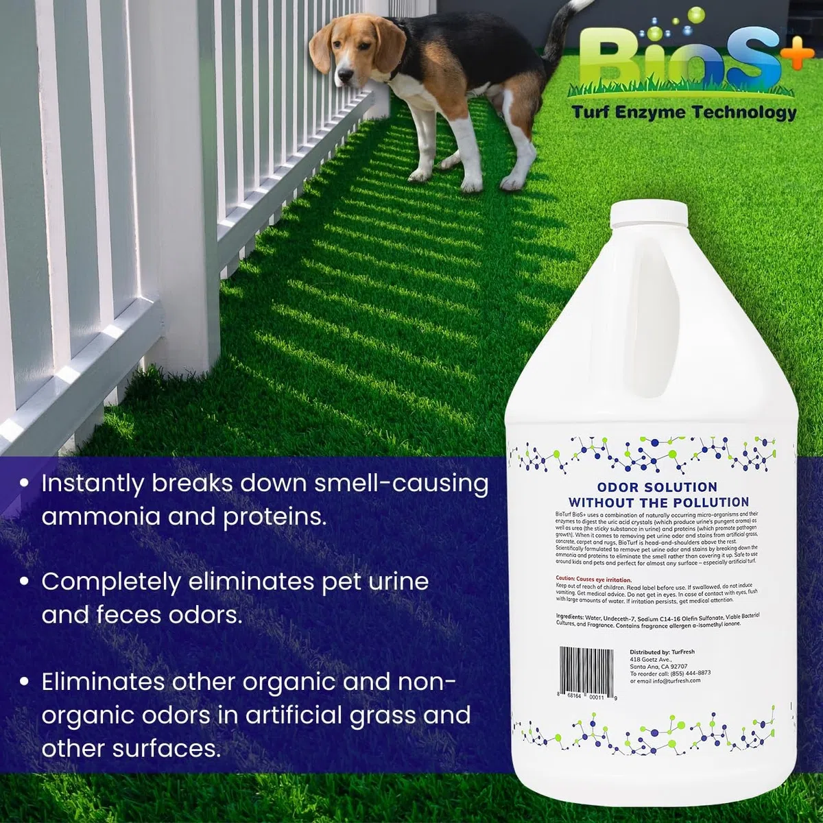 BioTurf BioS+ - Limpiador enzimático concentrado de césped artificial y eliminador de olores de mascotas, eliminador de olores, orgánico, seguro, respetuoso con el medio ambiente (1 galón) - Aroma
