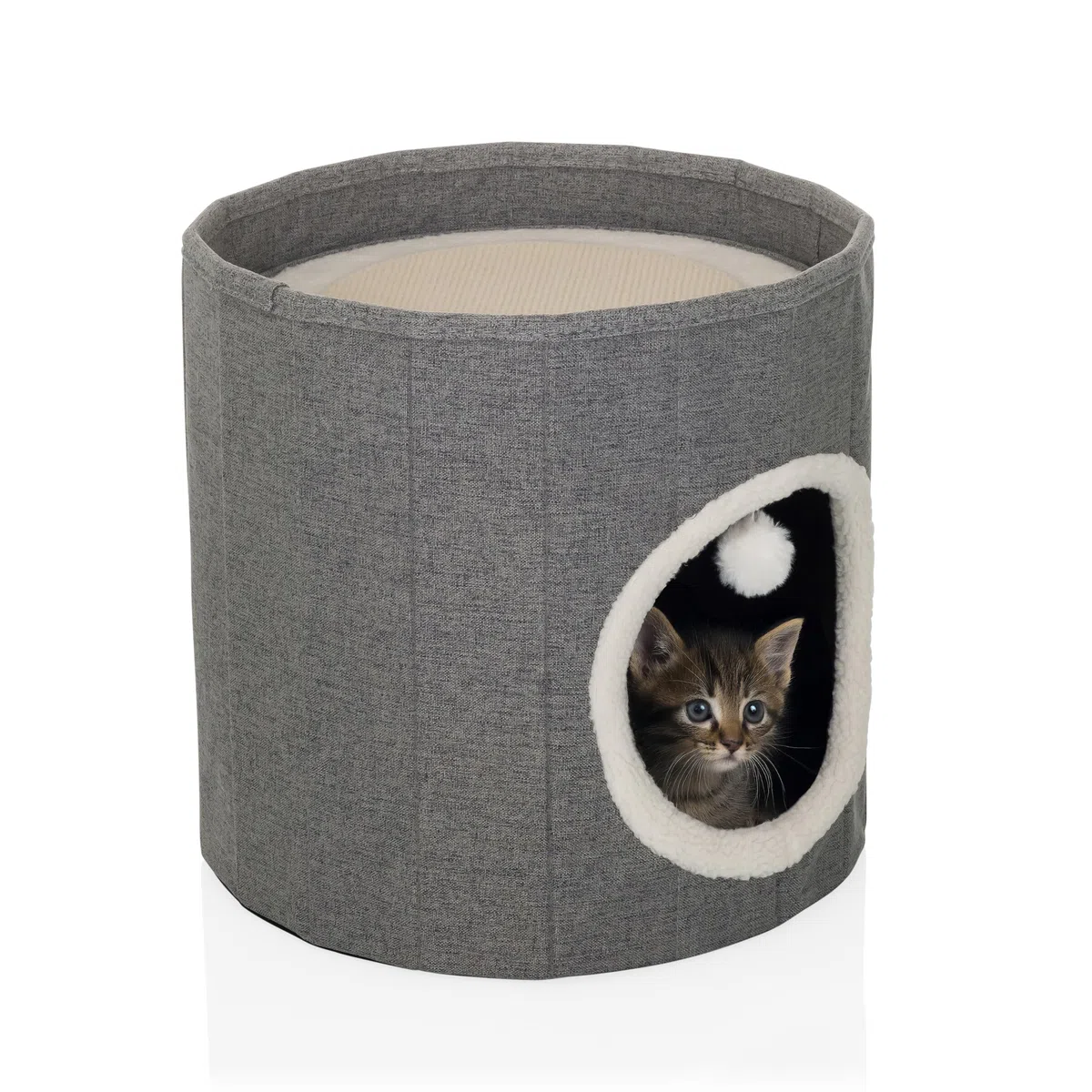 Casa para gatos con pelota de juego, 38 x 38 cm, plegable, con tabla para rascar y cojín de peluche, color gris