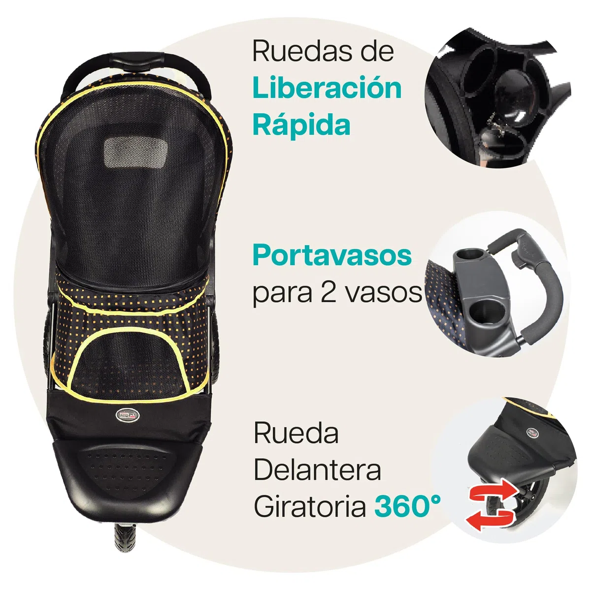 Innopet Adventure negro/amarillo - Cochecito todoterreno para perros hasta 30kg, ruedas EVA antipinchazos de 12”, plegado rápido, portavasos y cesta amplia