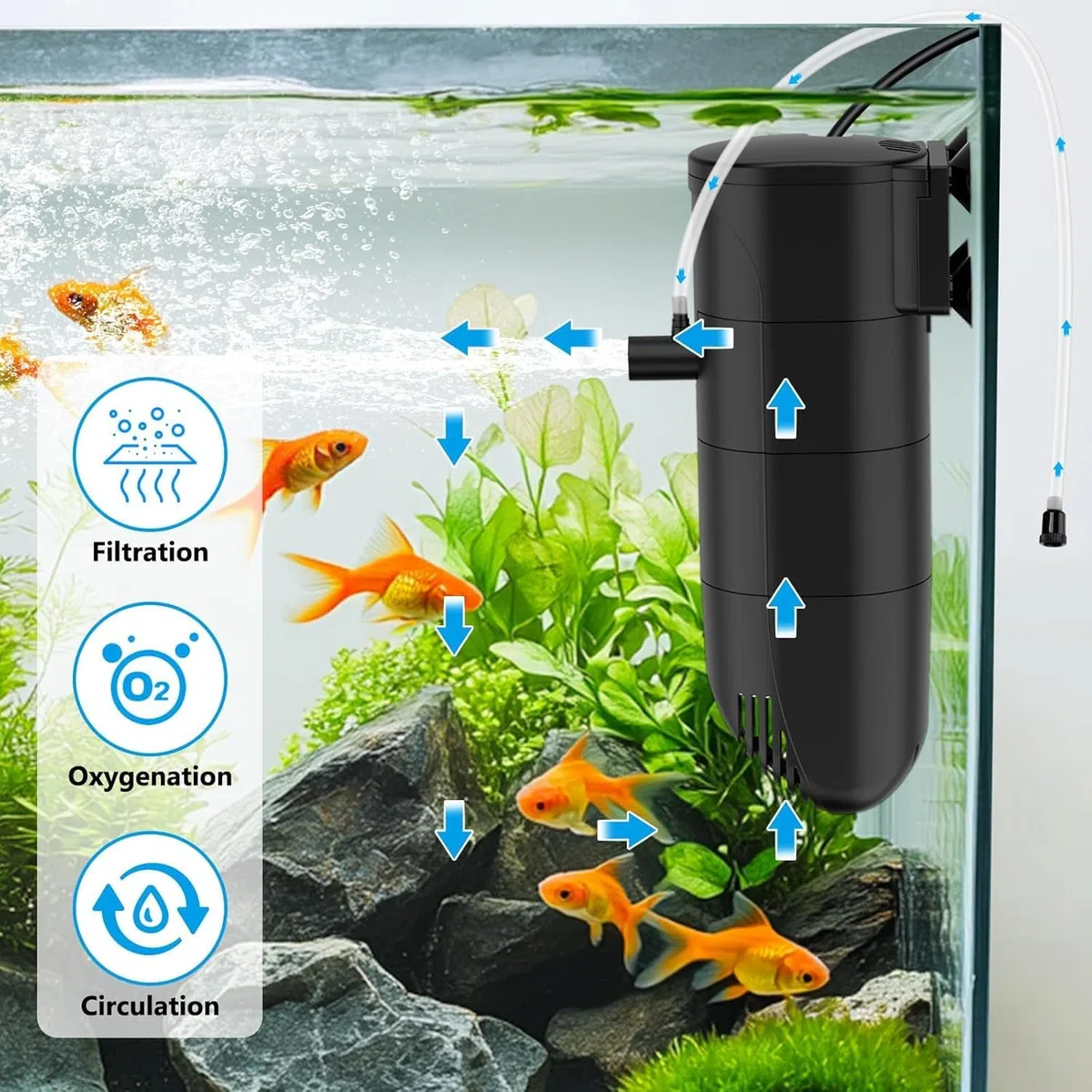 fishkeeper Filtro de acuario para 25-45 galones, filtro sumergible de 4 etapas en el tanque con flujo de aire ajustable, circulación de oxigenación por filtración (13 W 186 GPH)