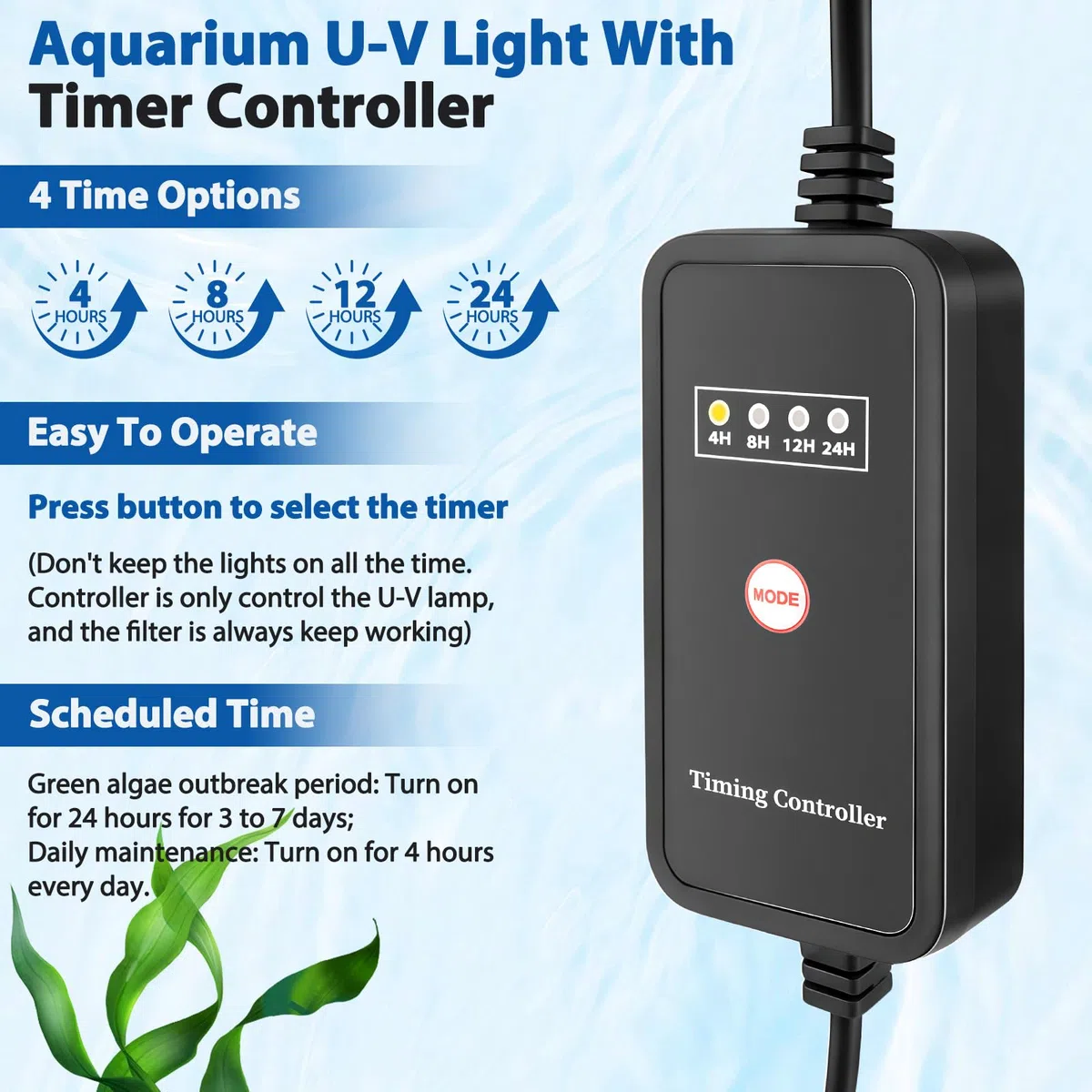 Filtro interno UV para peceras con luz UV, bomba de filtro de acuario 4 en 1, controlador de temporizador y ventana UV visible, sistema de filtración multimodo para agua dulce y salada, acuarios de 15