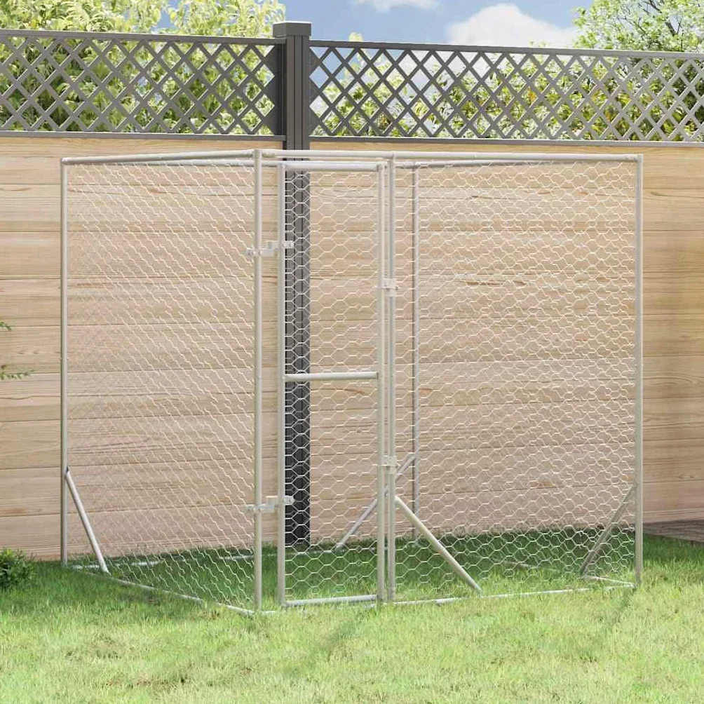 Perrera para perros al aire libre de acero galvanizado plateado 2 x 2 x 2 m con puerta con cerradura, protección segura para perros, cachorros y animales pequeños en el jardín y camping