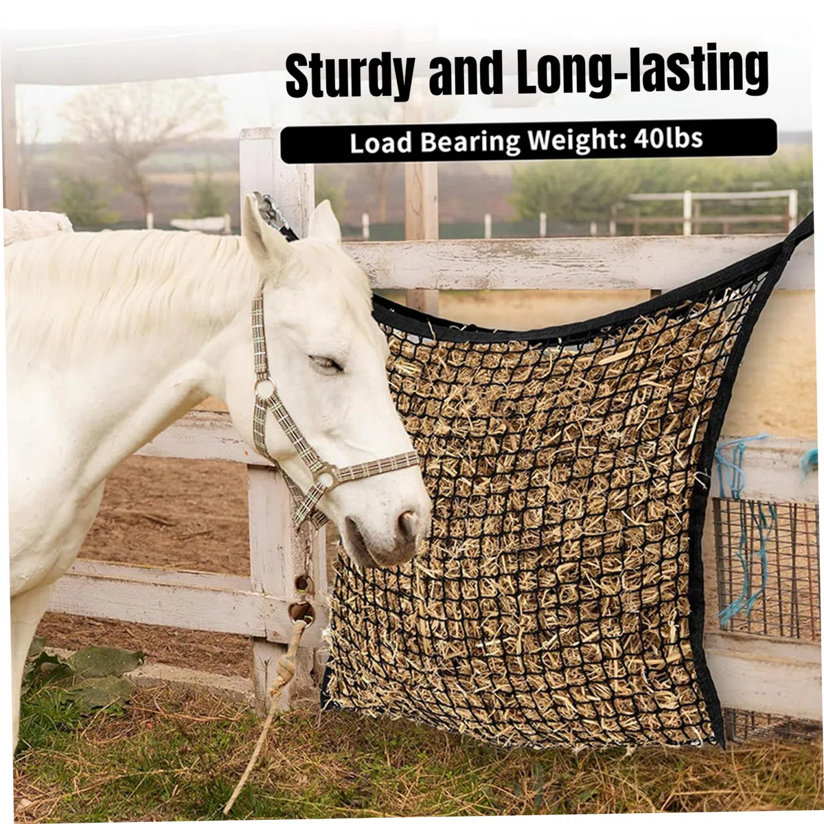 Suministros de riego para alimentación, 4 bolsas de heno para caballos, red de heno de alimentación lenta con 4 mosquetones reforzados, comedero para caballos para cabras, 35, 43 x 31, 50 pulgadas