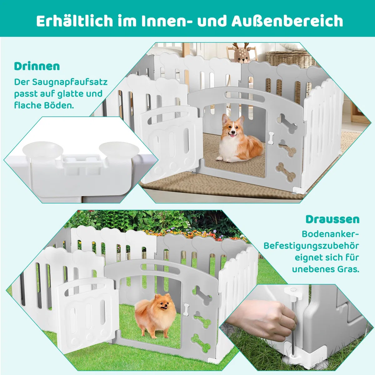 MAMIZO Parque para Perros de 60 cm Alto, Vallas Perros de 5+1 PCS Paneles | Corralito Gato de Plástico Plegable, con Ventosas y Anclajes al Suelo, Parque Conejo Interiores y Exteriores, Gris-Blanco