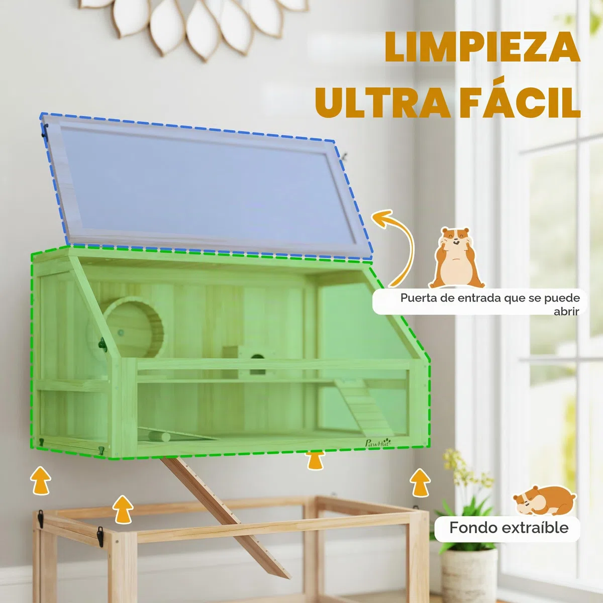 PawHut - Jaula para hámster de Madera, Jaula roedor de 3 Niveles, Base extraíble para una fácil Limpieza, Tapa Abierta, cabaña, Columpio, Rueda de Ejercicio y rampas, 80 x 50 x 76 cm, Madera Natural