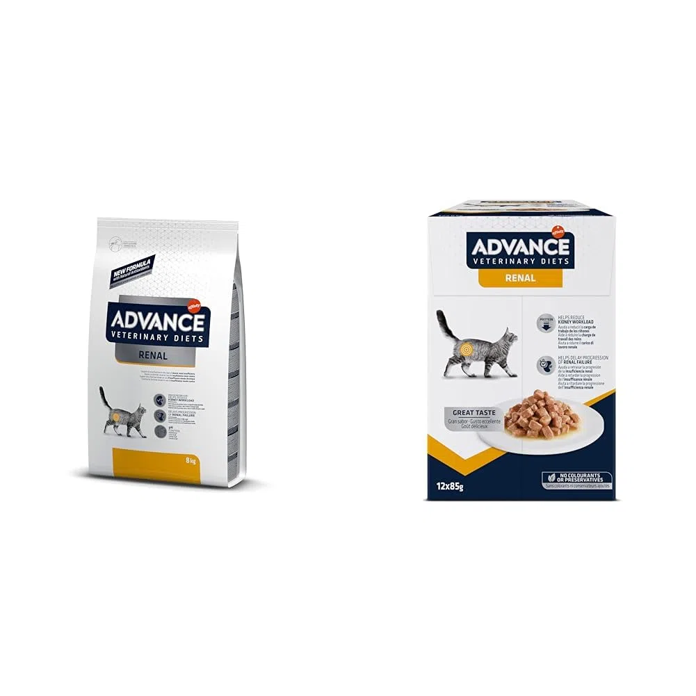 Advance Veterinary Diets Renal Failure, Pienso para Gatos con Insuficiencia renal crónica, 8kg + Comida Húmeda para Gatos: Multipack 12 bolsitas de 85g