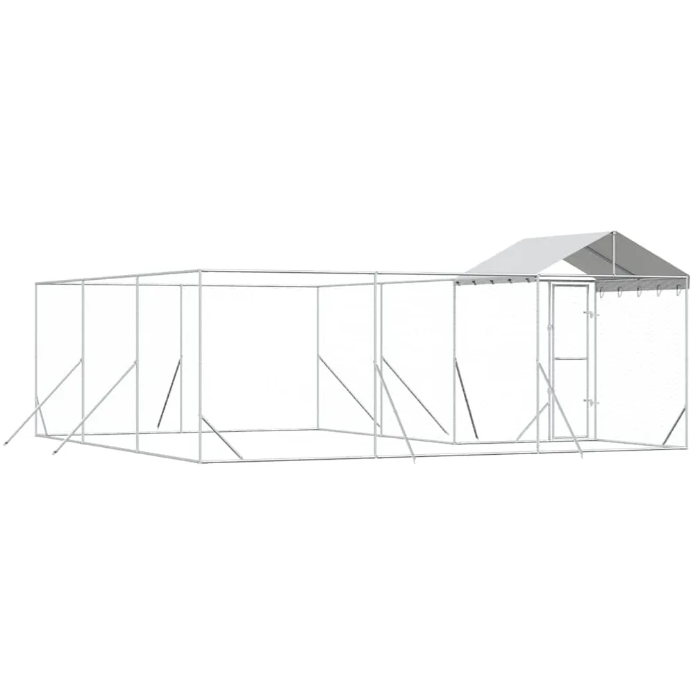 Perrera para perros al aire libre con techo de acero galvanizado plateado, 6 x 6 x 2,5 m, gran caño con puerta, protección de seguridad, recinto para perros, cachorros, entrenamiento, jardín