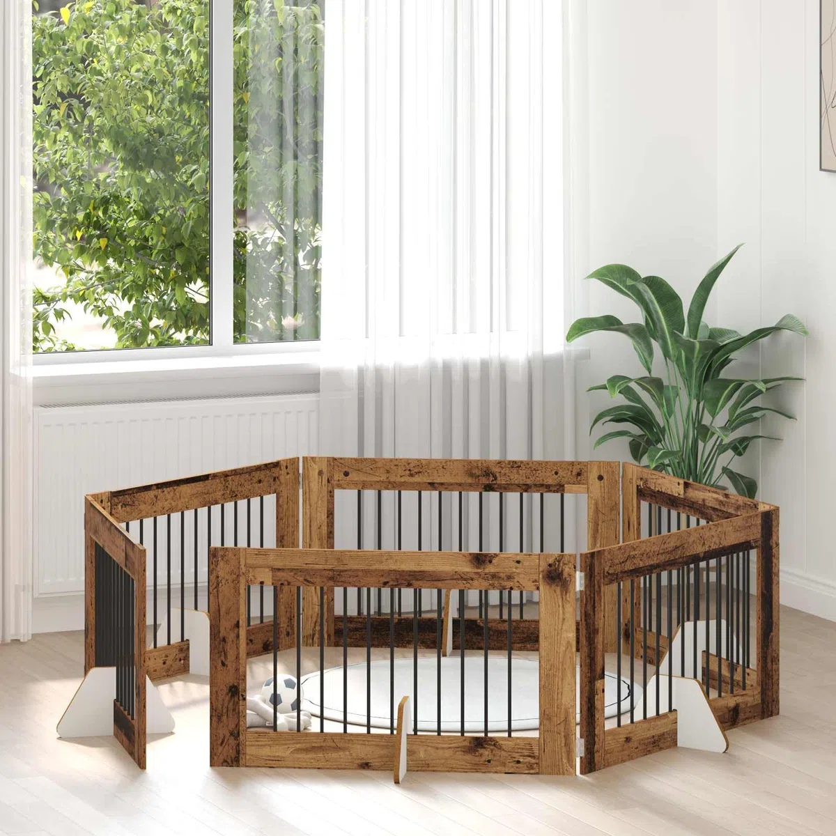 Puerta para perros con soporte, 6 piezas, madera recuperada, plegable y plegable, 100 x 60 cm, caseta modular para perros para interior y exterior, protección segura para cachorros y perros
