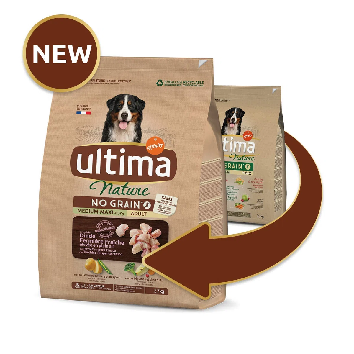 Ultima Nature No Grain Pienso para Perros Medium-Maxi sin Cereales con Pavo, Pack de 5 x 2.7kg - Total: 13.5kg
