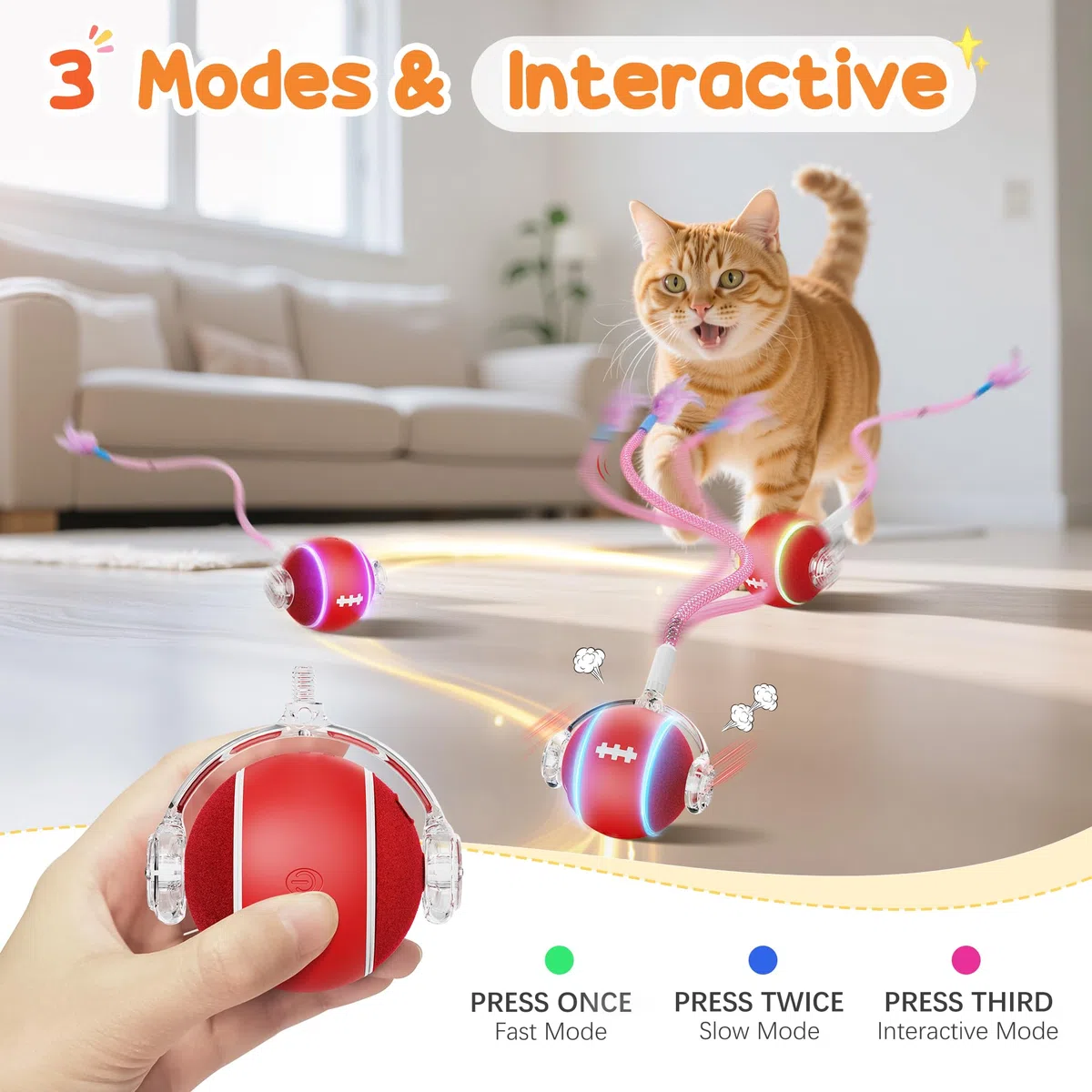Juguete interactivo para gatos en movimiento con plumas, bola roja con varita de malla, juguetes para gatos de interior