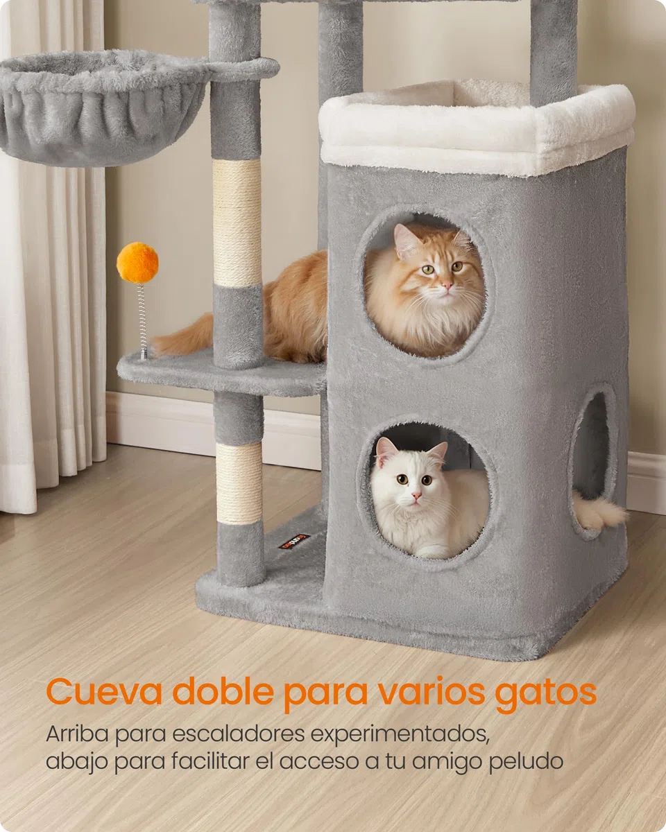 Feandrea Árbol Alto para Gatos, Altura de 152 cm, Rascador Multinivel con 2 Cuevas Grandes, una Hamaca, 3 Columnas para Arañarse, 3 Plataformas, Gris Paloma PCT007G01