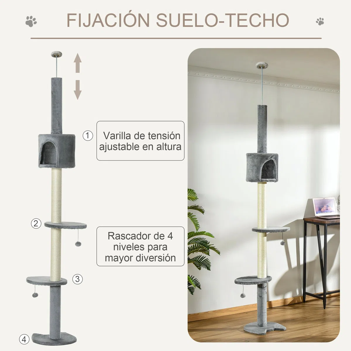 PawHut Árbol Rascador para Gatos para Techo con Cueva 255 cm Gris Claro