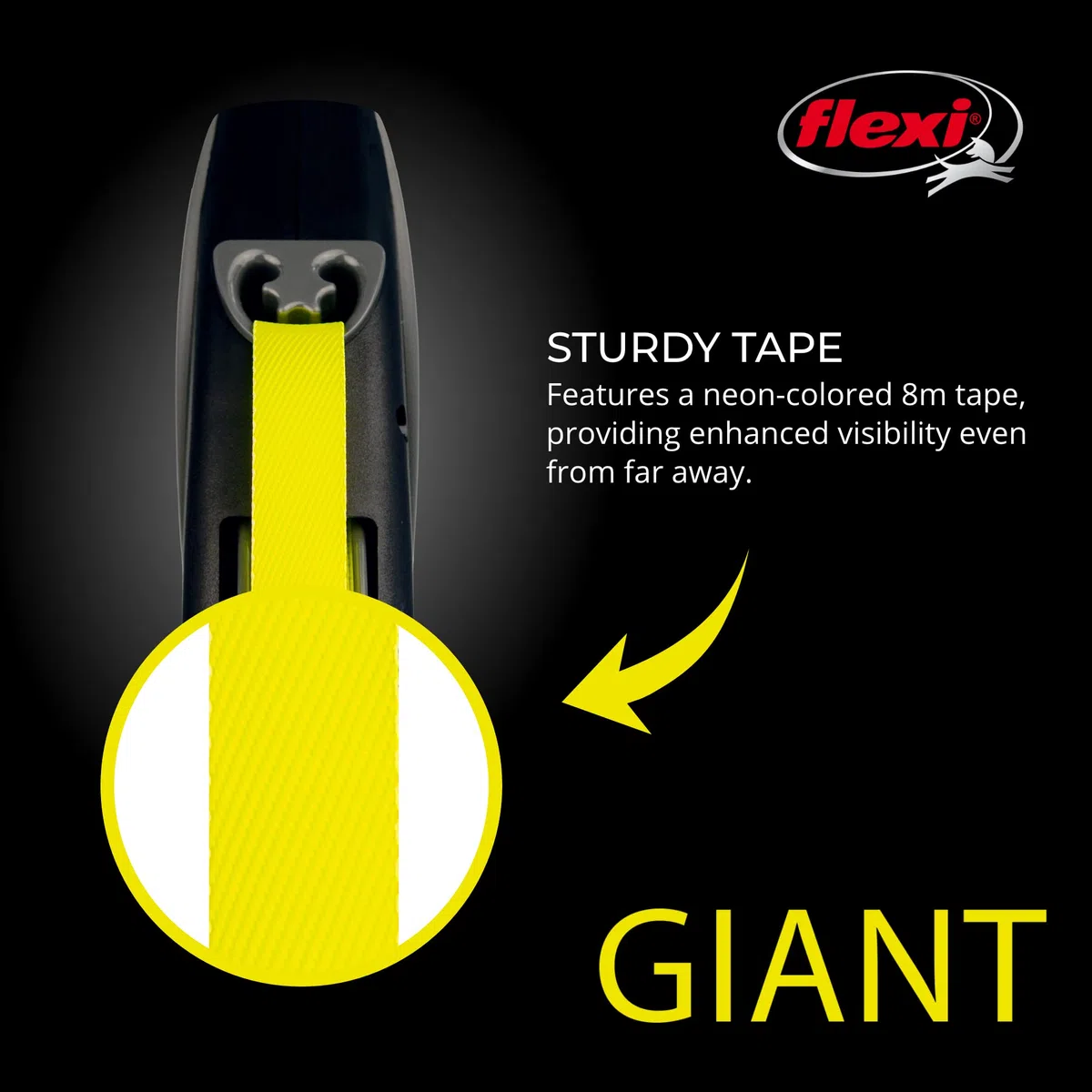 Flexi Correa retráctil Gigante Mediana para Perro (Cinta), 26 pies, Mediano, Negro/neón
