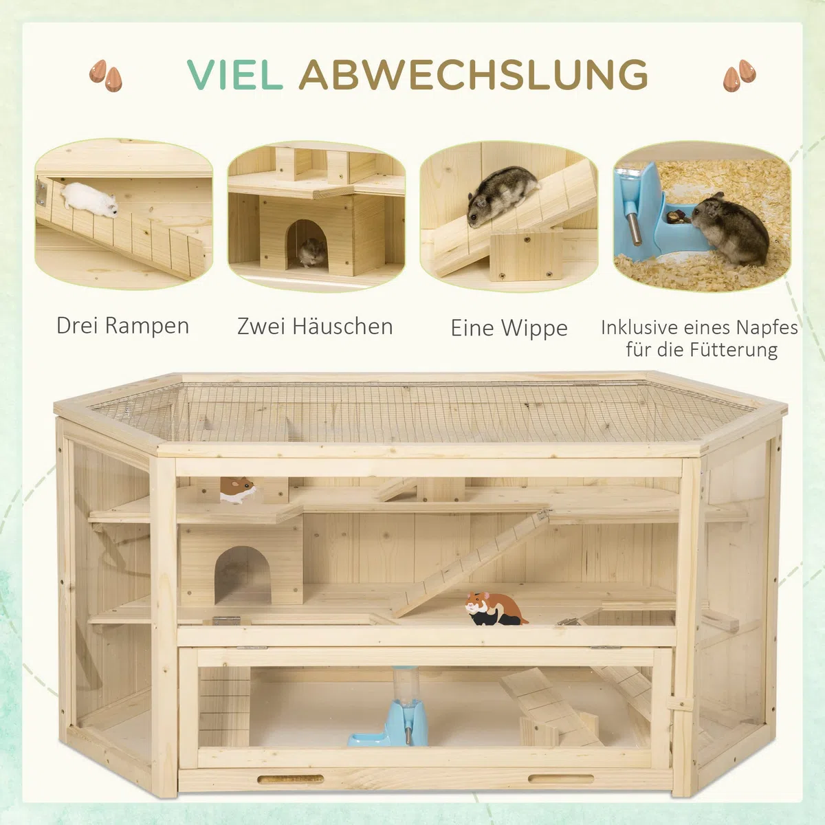 PawHut Jaula para Animales pequeños, Jaula para roedores, con rampa, balancín, Jaula Superior abatible Bandeja Inferior extraíble Madera de Abeto PS Natural 115 x 60 x 55 cm