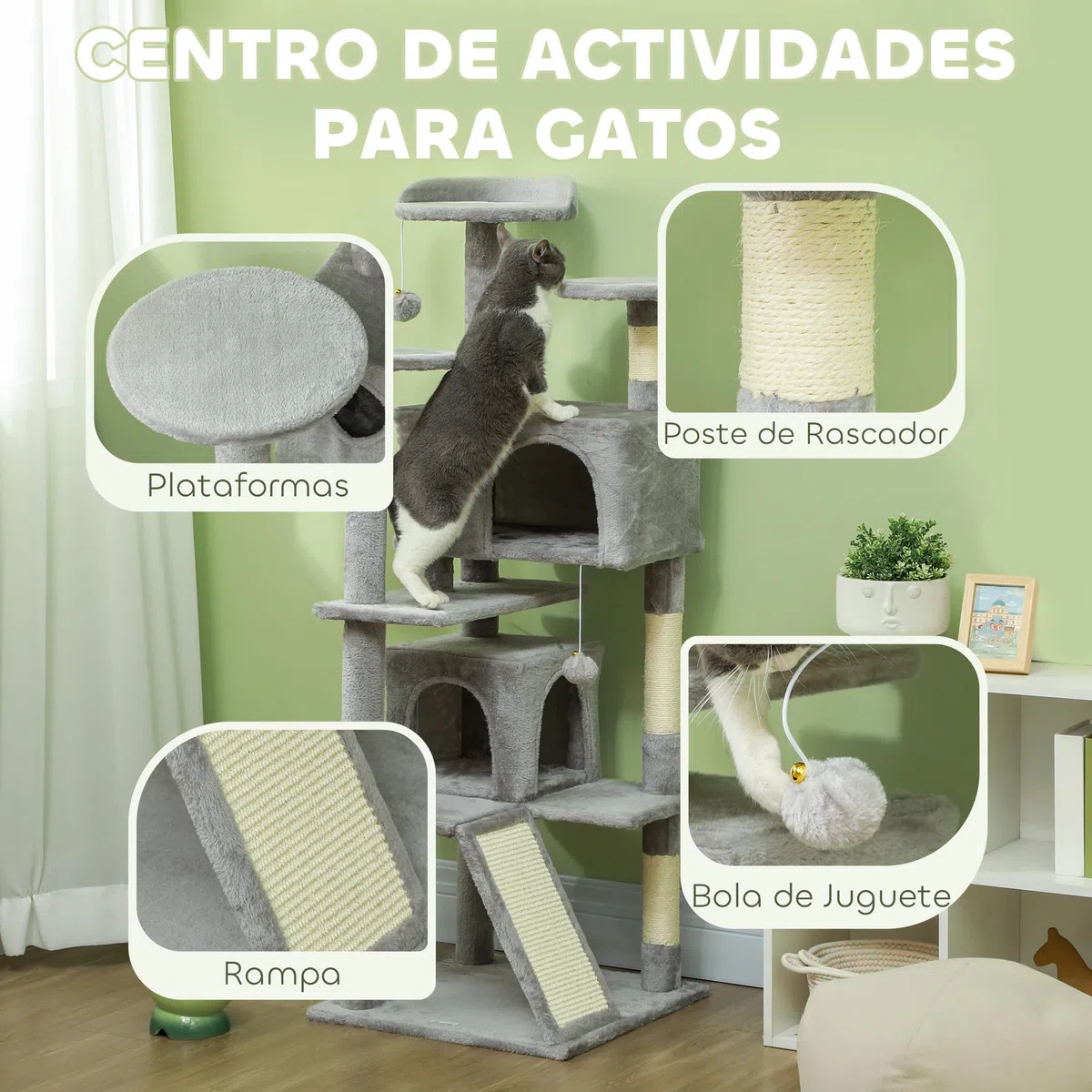 PawHut Rascador para Gatos Altura 138 cm con Postes de Sisal Gris Claro | Árbol para Gatos, Torre de Escalada, Plataformas, Cuevas, Bolas Colgantes, Hamacas