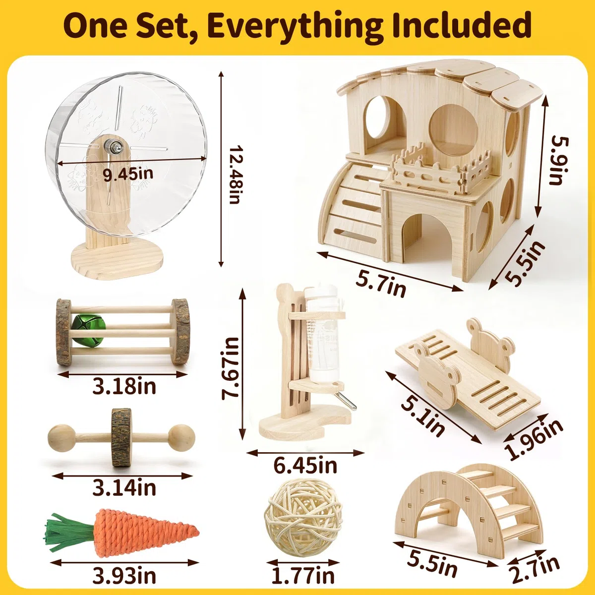 Juego de accesorios para jaula de hámster, rueda de ejercicio silenciosa, escondite de madera laberinto, botella de agua con soporte, juguetes masticables y plataforma interactiva para hámsters