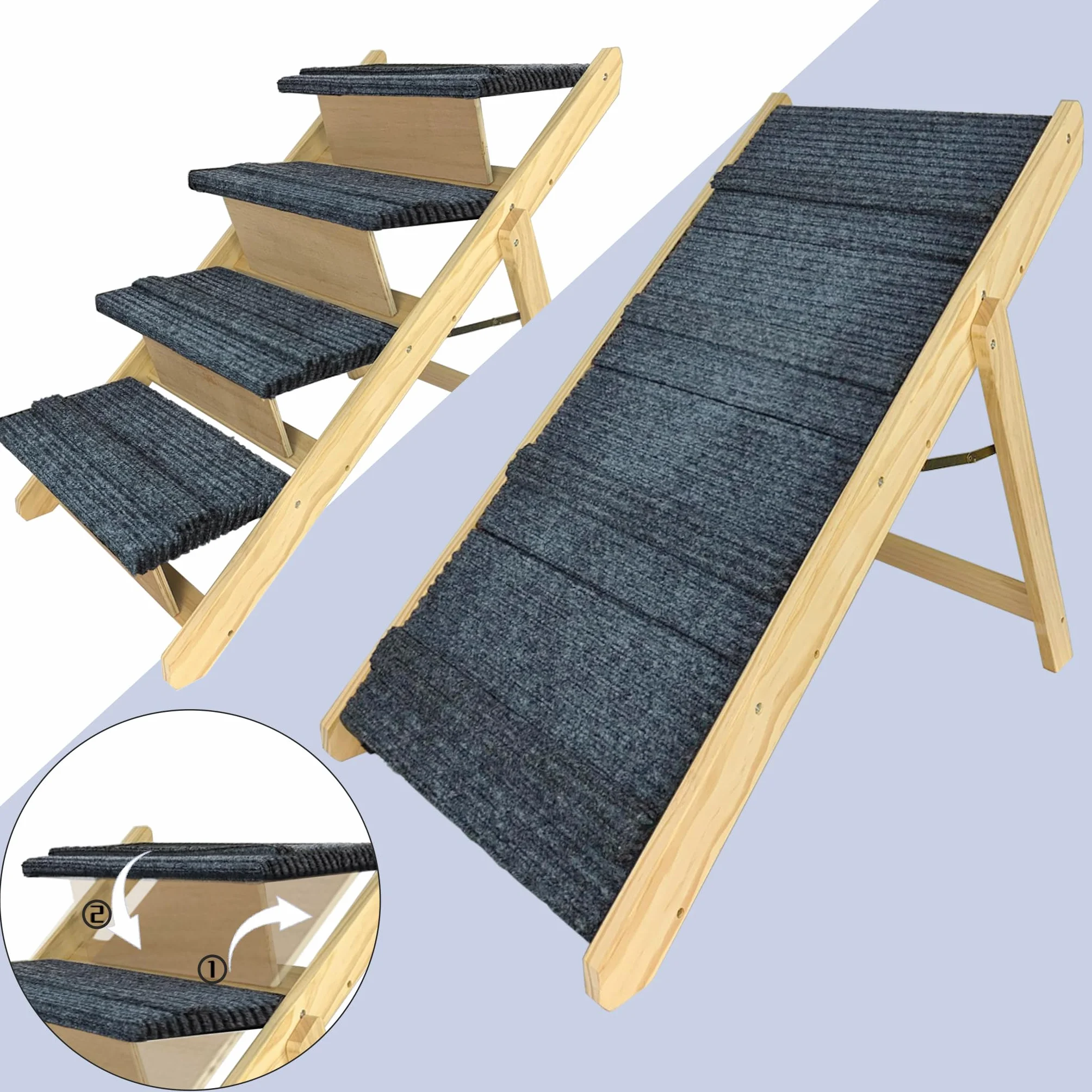 UISEBRT Escalera plegable para perros, 2 en 1, escalera para mascotas, de madera, con inserto antideslizante, para mascotas de hasta 80 kg