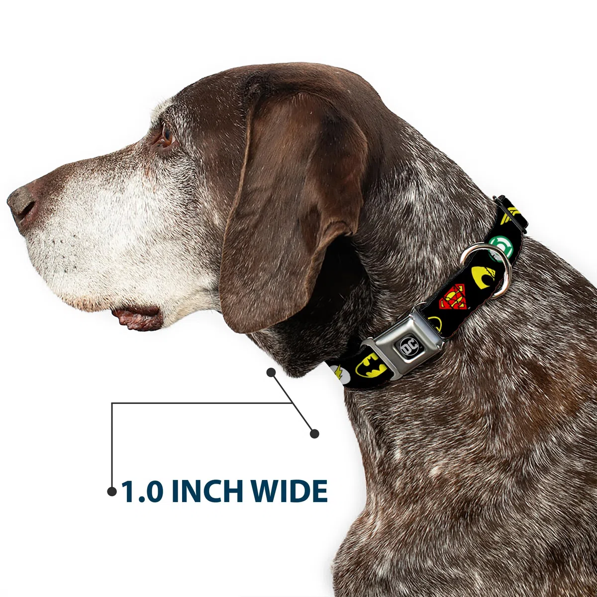 Cinturón de Seguridad para Perro con Hebilla de la Liga de la Justicia 6 Logotipos de superhéroes, Negro de 18 a 32 Pulgadas de Ancho