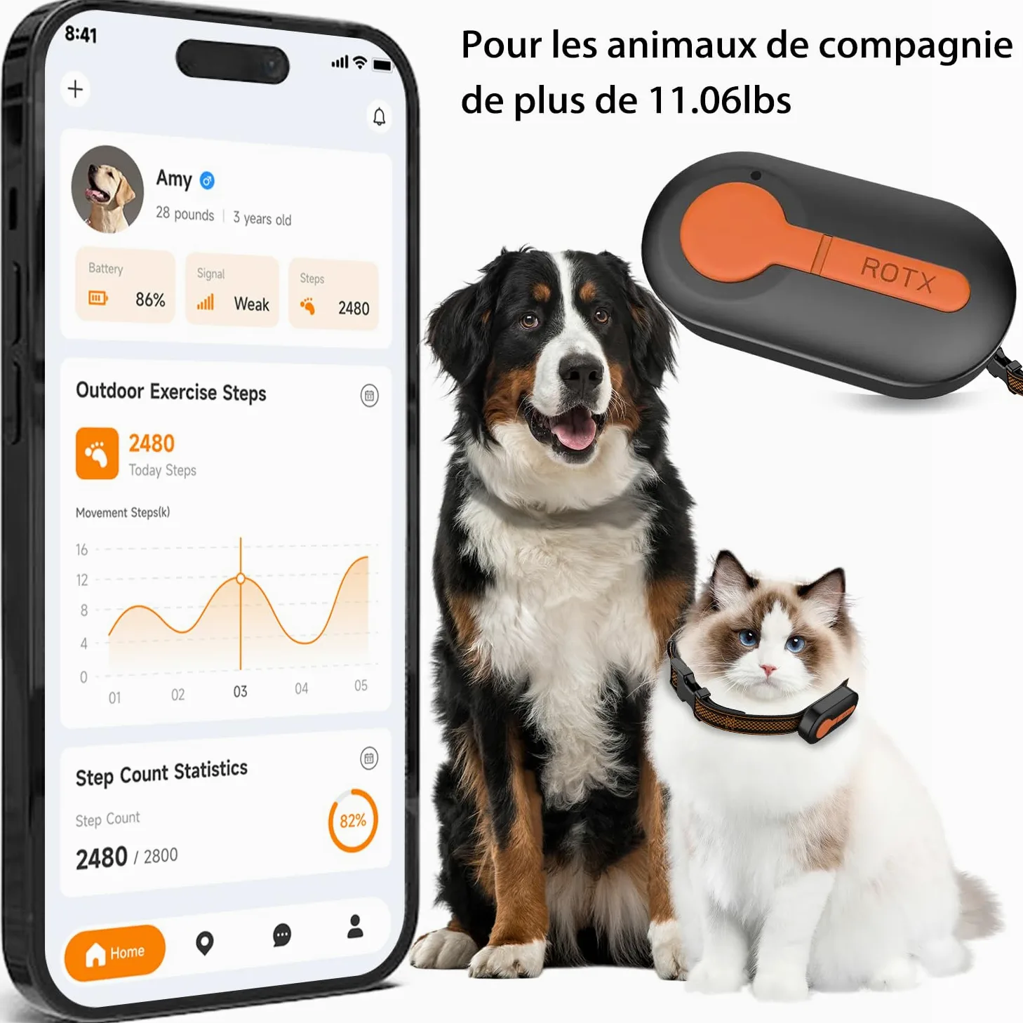 ROTX Rastreador GPS para perros, alerta en tiempo real, ubicación de valla virtual para mascotas de más de 11 libras, collar de perro y gato, accesorio de suscripción de color aleatorio, resistente al