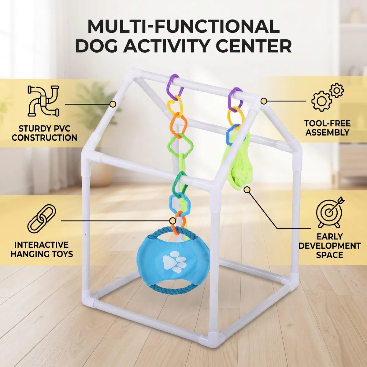 Gimnasio para Perros con Juguetes Colgantes 35x35x35x20 Cm, Marco Extraíble con Juguetes Interactivos para Perros Pequeños, Gatitos para Jugar en Interiores