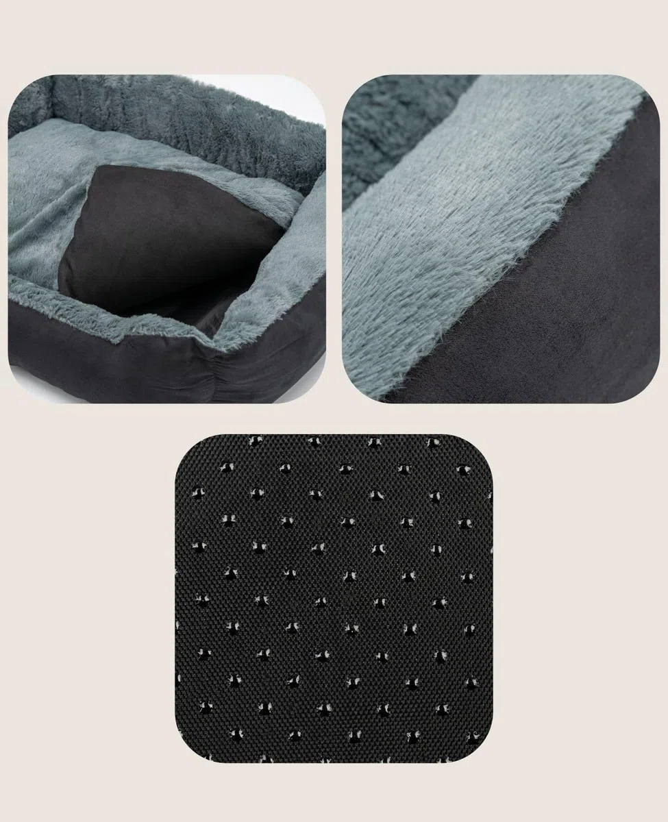 lionto Cama para Perros con cojín Reversible y Base Antideslizante, cojín para Mascotas con Entrada Baja para Perros y Gatos, 75x60 cm, cojín para Perros Acogedor, Negro/Gris (con Nombre Impreso)