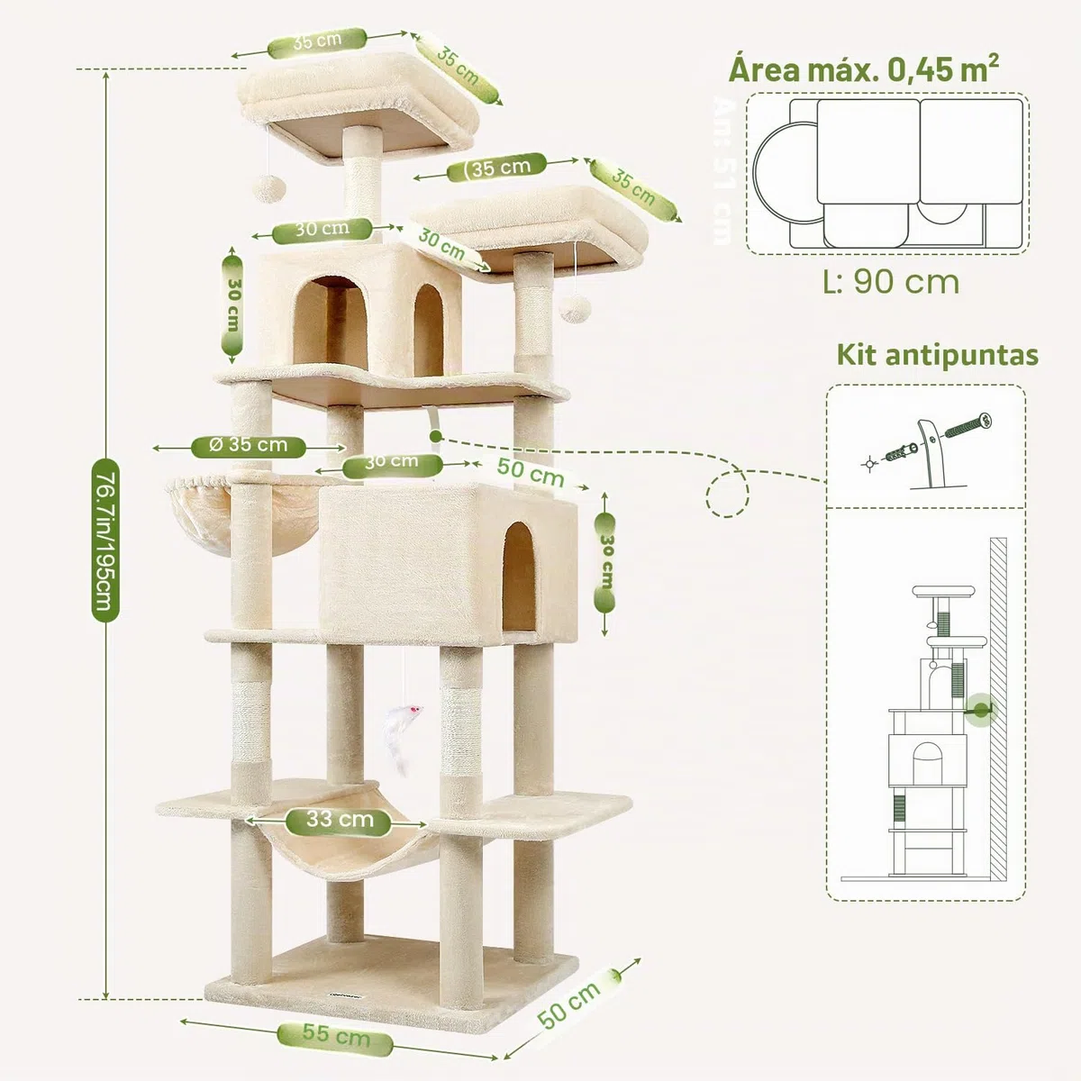 Globlazer Árbol Rascador Beige para Gatos XXL 195 cm Alto con 2 Nidos, 2 Acolchada Percha, Grande Hamaca 50 * 33CM, Cesta, Estable Rascador para Gatos Adultos Descansar Jugar Interior (F76, Beige)