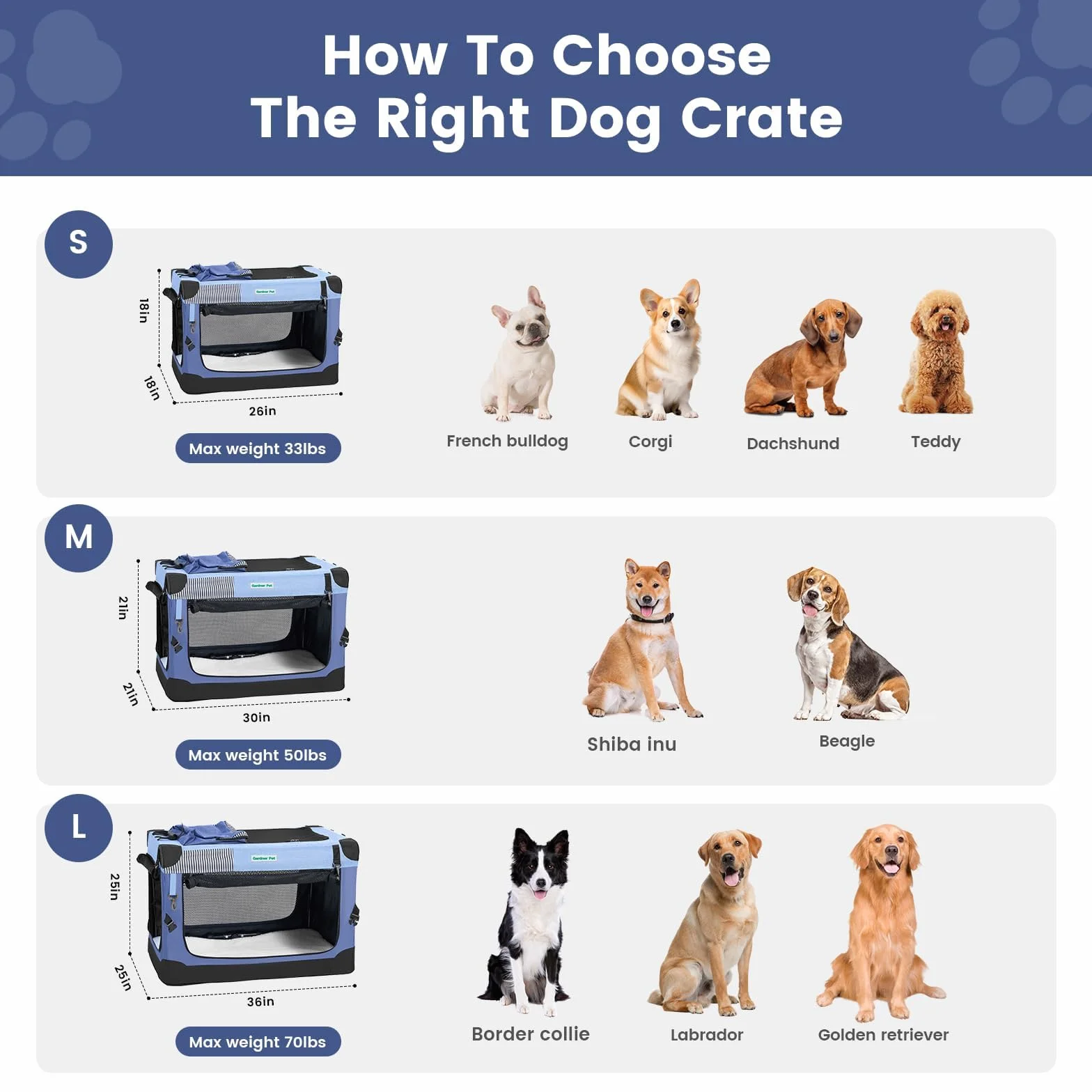 Gardner Pet Transportín Perro Grande,M-76x53x53cm-Azul | Plegable, 3 Puertas, Ventanas de Malla Resistente, Bolsa de Almacenamiento, Para Perros y Gatos