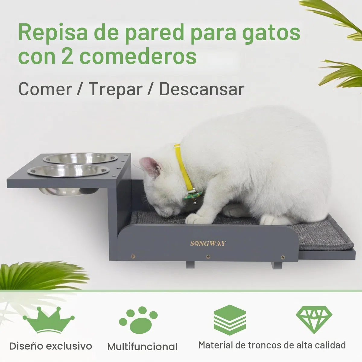 SONGWAY Estantes y Comedero de Pared para Gatos con 2 Escalones y Cuencos de Acero Inoxidable, Estación de Alimentación Elevada a Prueba de Perros, Muebles
