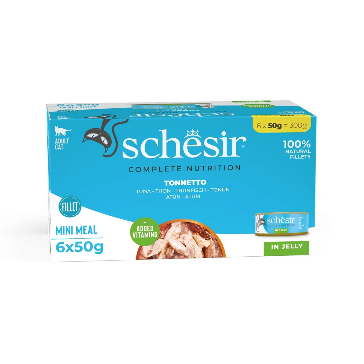 Schesir, Atún En Gelatina, Alimento Húmedo Completo para Gatos, En Lata, con Vitaminas Añadidas, 100% Filetes Naturales, Cruelty-Free, 6 X 50g