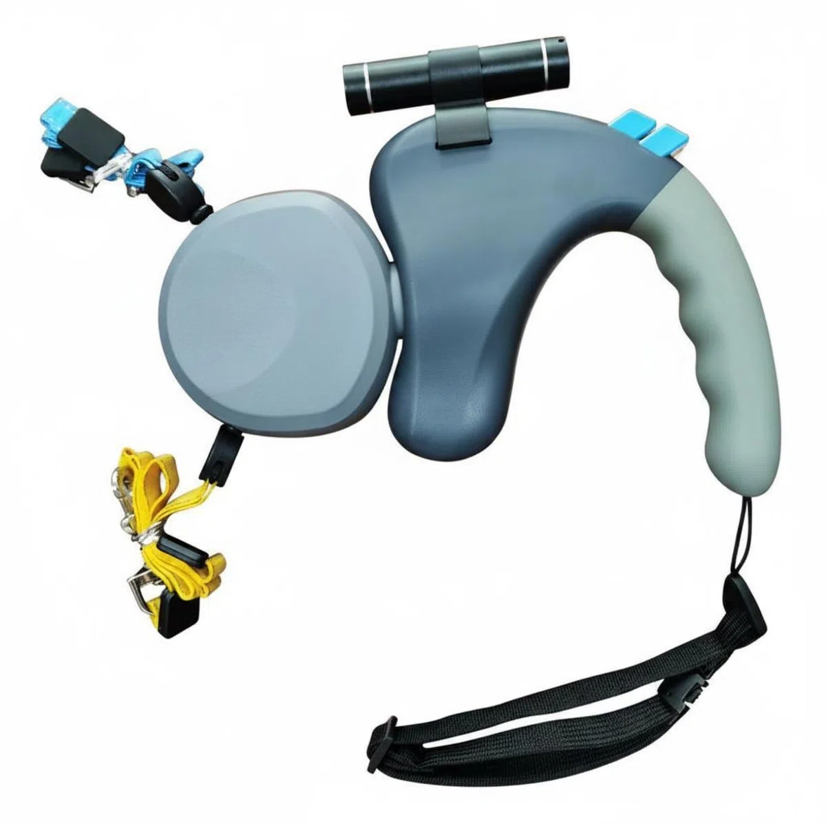 Correa Doble para Perros Correa Retráctil Doble Correa Bifurcada Correa Extensible con Rotación Completa 360 Grados Linterna Desmontable y Empuñadura, Gris