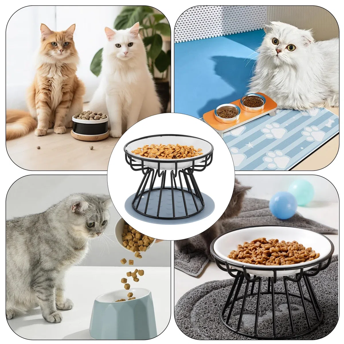 YAYODS Juego de 3 Cuencos de Cerámica Elevados para Gatos, Comedero Ergonómico Altura 10cm, Soporte Metálico y Alfombrilla de Silicona Antideslizante, Cuencos Anchos Antifatiga Aptos para Lavavajillas