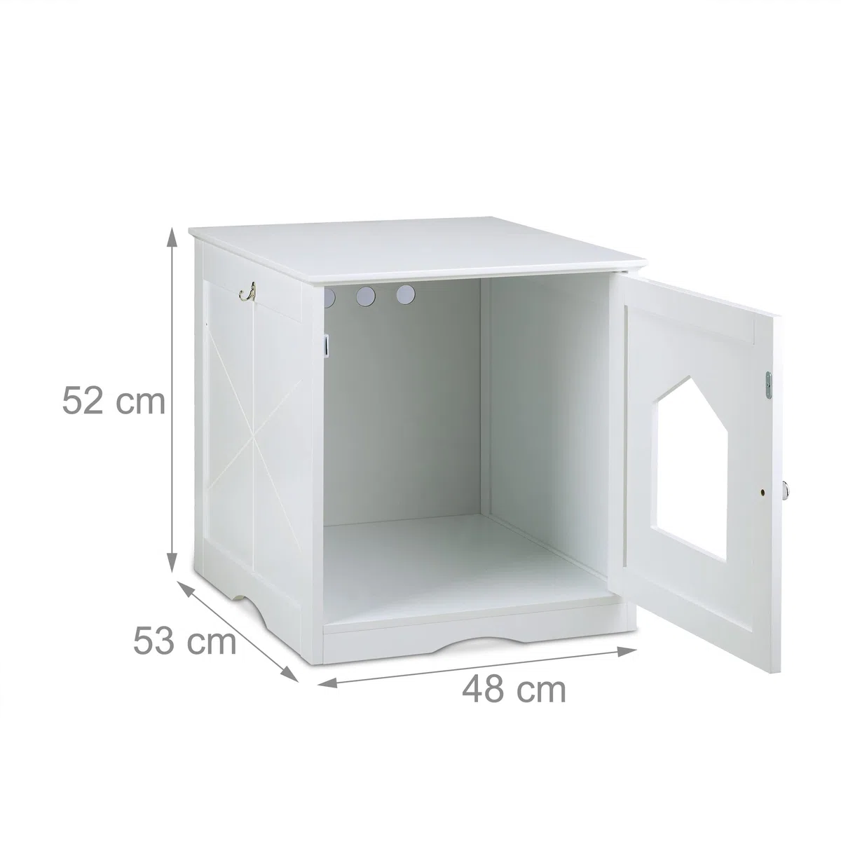 Relaxdays Mueble Arenero Gatos Entrada Grande, Puerta Magnética, Agujeros de Ventilación, 52x48x53cm, Gancho, Blanco