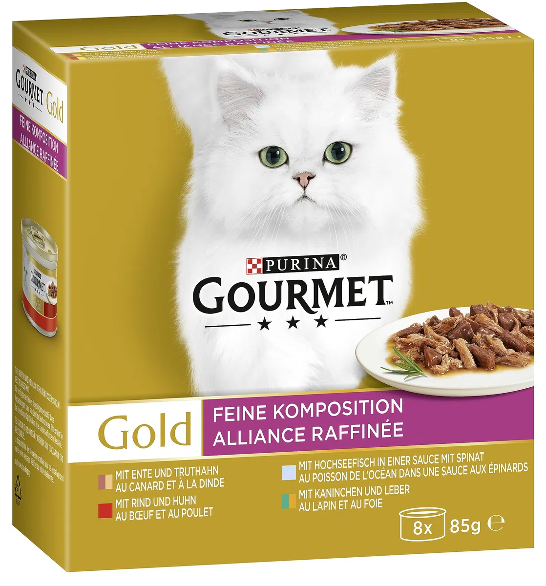 Gourmet Gold Fine Composition Comida húmeda para Gatos, Mezcla de variedades, Paquete de 12 Unidades (12 x 8 latas de 85 g)