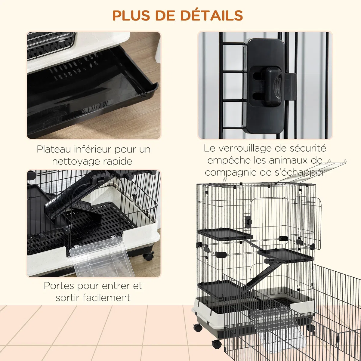 PawHut - Jaula para animales pequeños (3 rampas, 182 x 81 x 114 cm), color negro | 3 Plataformas Desmontables, Bandeja Inferior Desmontable, Metal PP, Jaula Hurón
