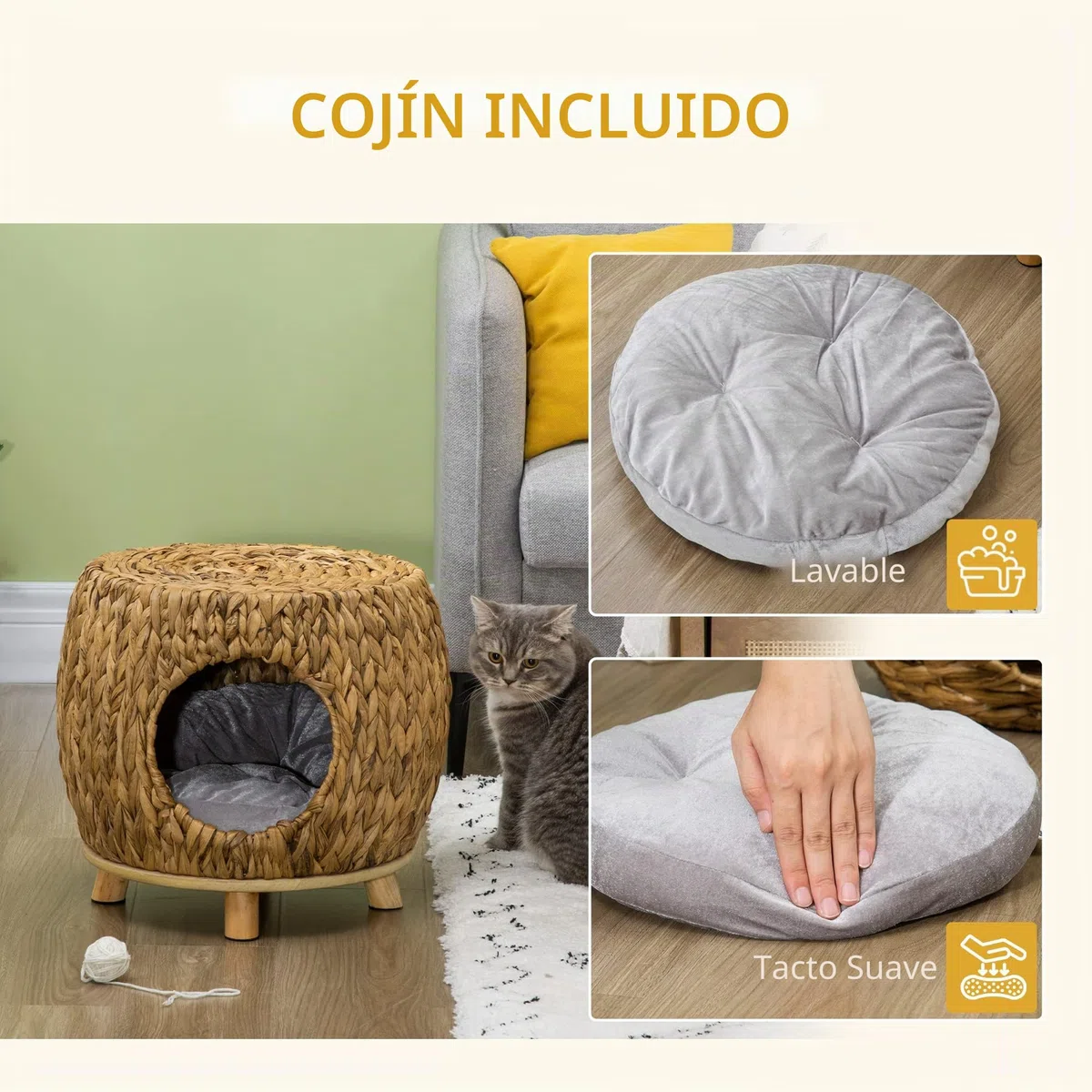 PawHut Taburete de mimbre para la casa del gato, cama de ratán para uso en interiores y exteriores, cama elevada para mascotas con cojín suave lavable 44 x 43 x 41 cm | Cama de ratán para gatito, uso en interiores y exteriores, cojín suave y lavable