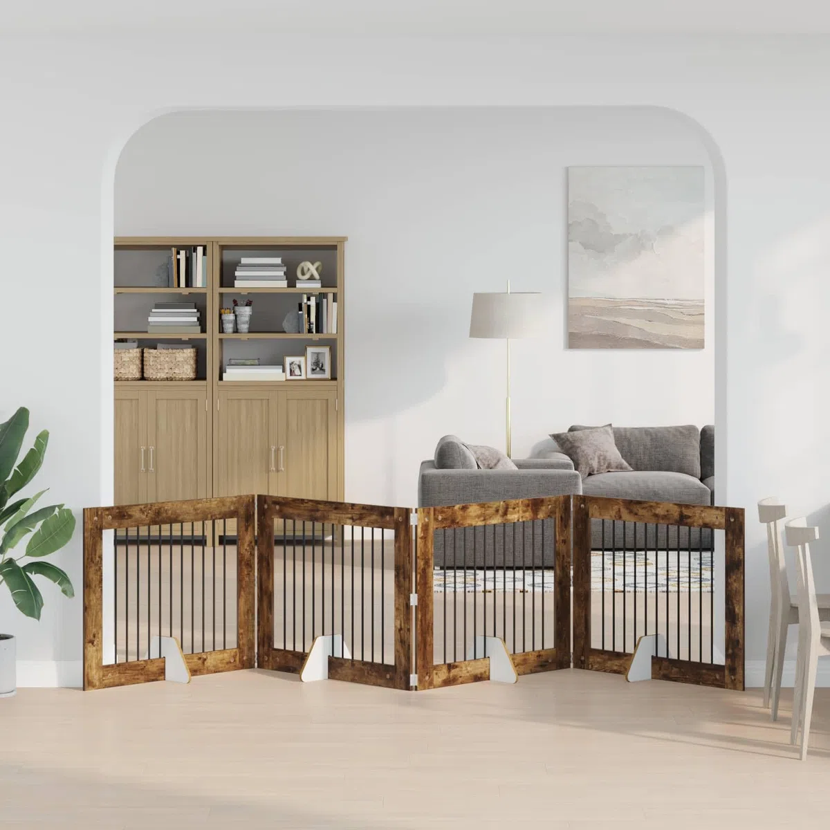 Portería para perros con soporte, 4 piezas de roble ahumado de 100 x 80 cm, plegable y portátil, ideal para caño interior, protección y alojamiento seguro de cachorros y perros