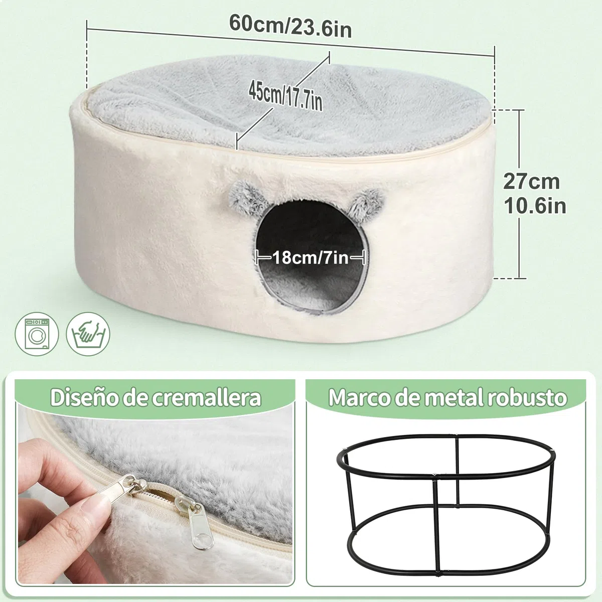 GUUSII HOME Elevado Cama para Gato Grande Gatos Cueva Gatito Casa Interior Conejo Caseta Perro Pequeño Cuna Cerrado Mascota Casita con Funda Lavable Cojín de Felpa Fácil Montaje 60 * 45 * 27cm